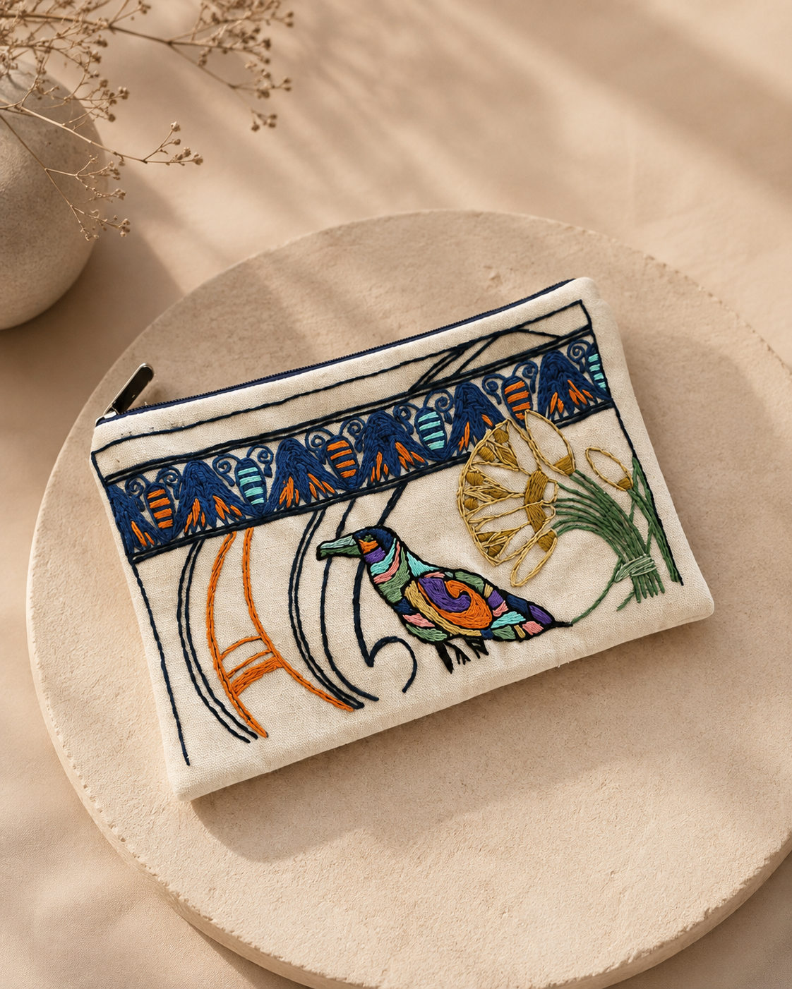 Lotus & Egyptian Birds Embroidered Pouch