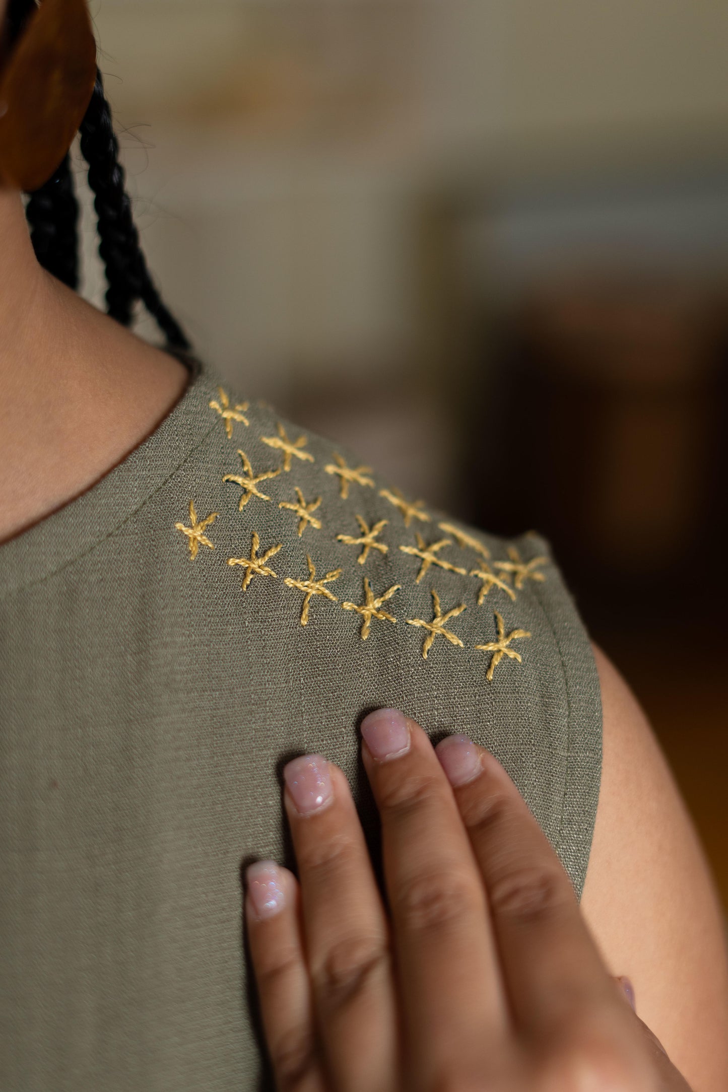 Olive Green Linen Dress with Egyptian-Inspired Embroidery
