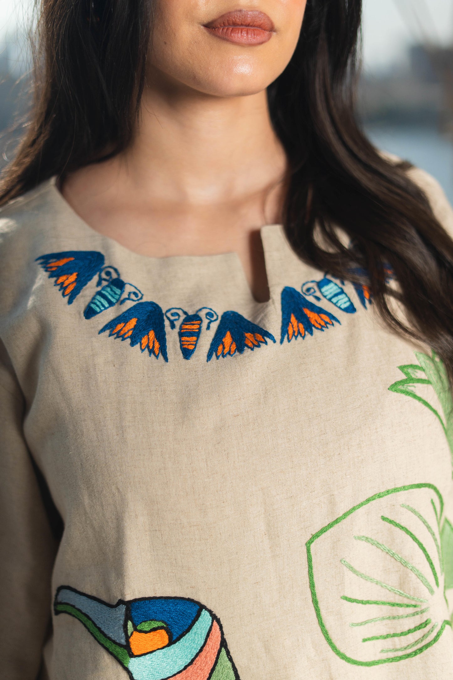 Beige Linen Blouse – Egyptian Bird & Lotus Embroidery