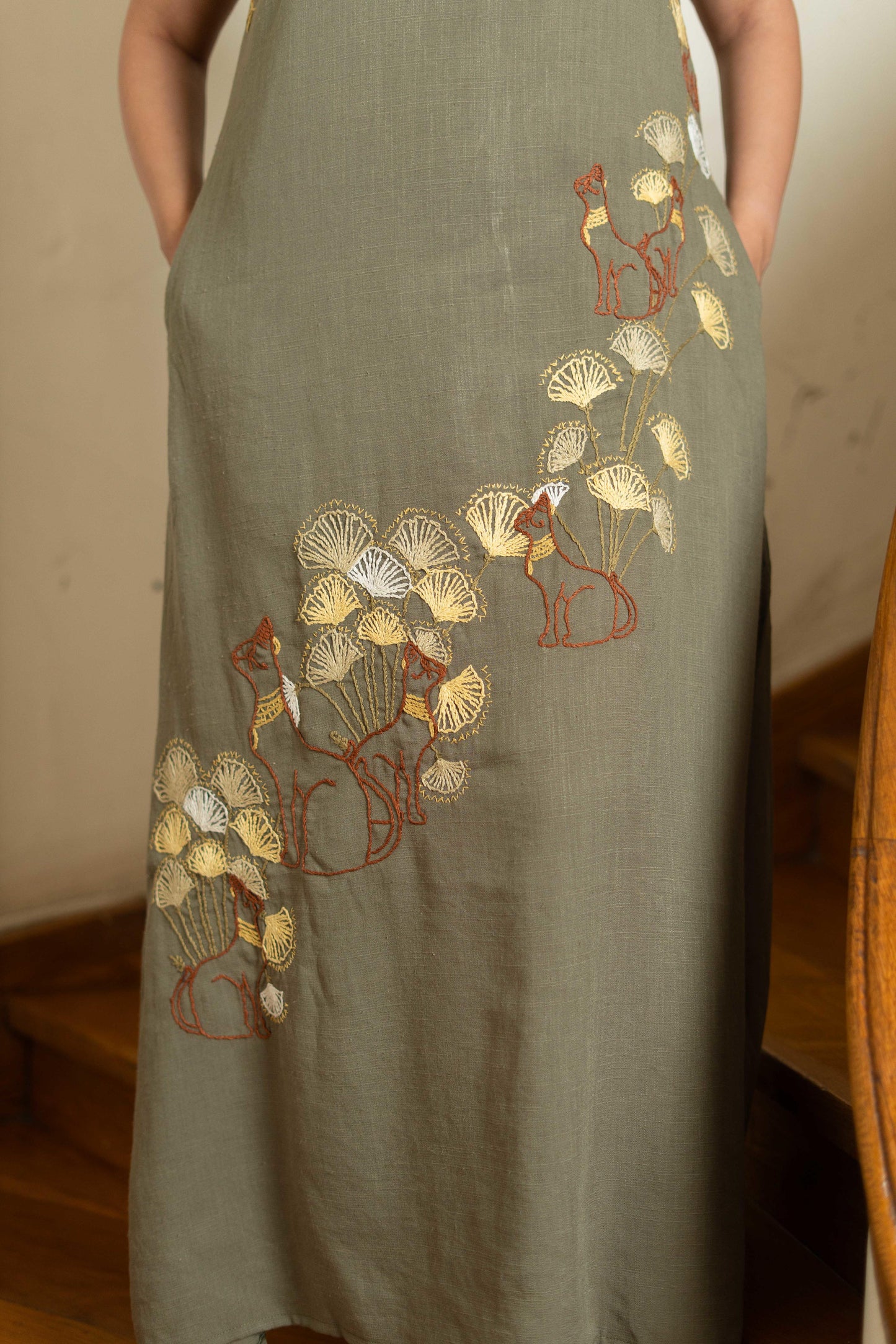 Sage Green Linen Dress with Modern Bastet Embroidery