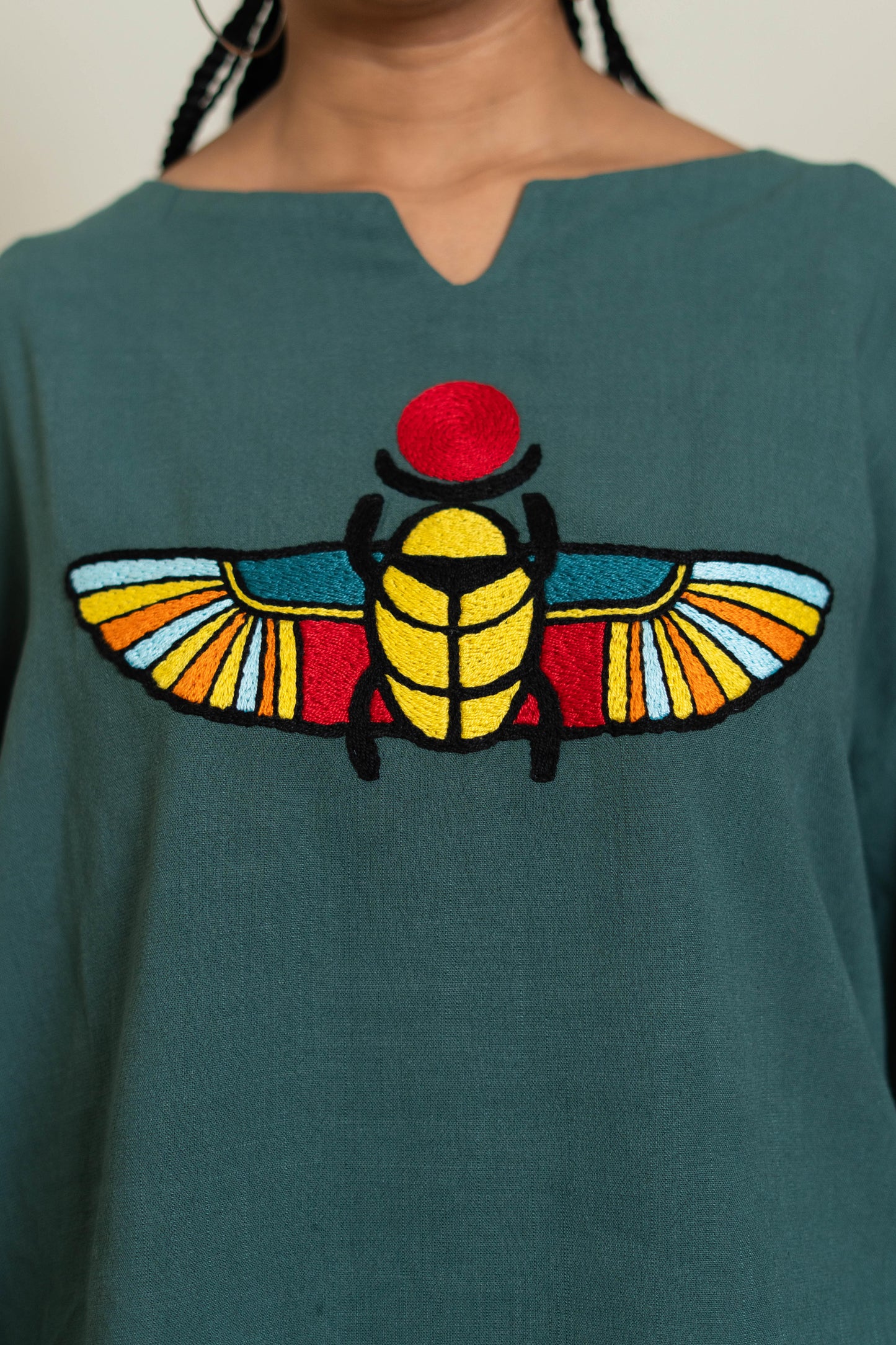 Teal Linen Blouse with Ancient Egyptian Scarab Embroidery