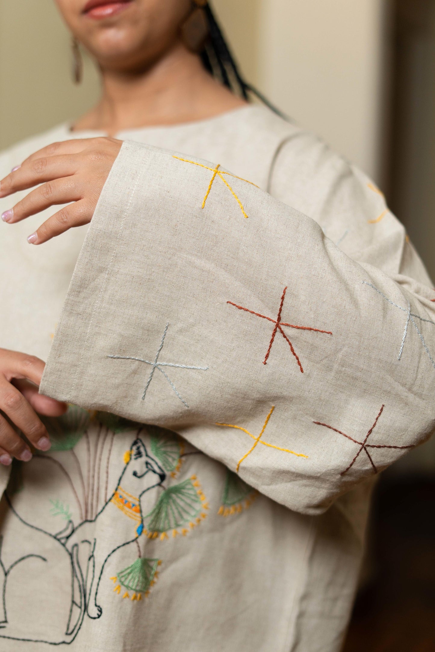 Beige Linen Blouse with Bastet & Lotus Embroidery