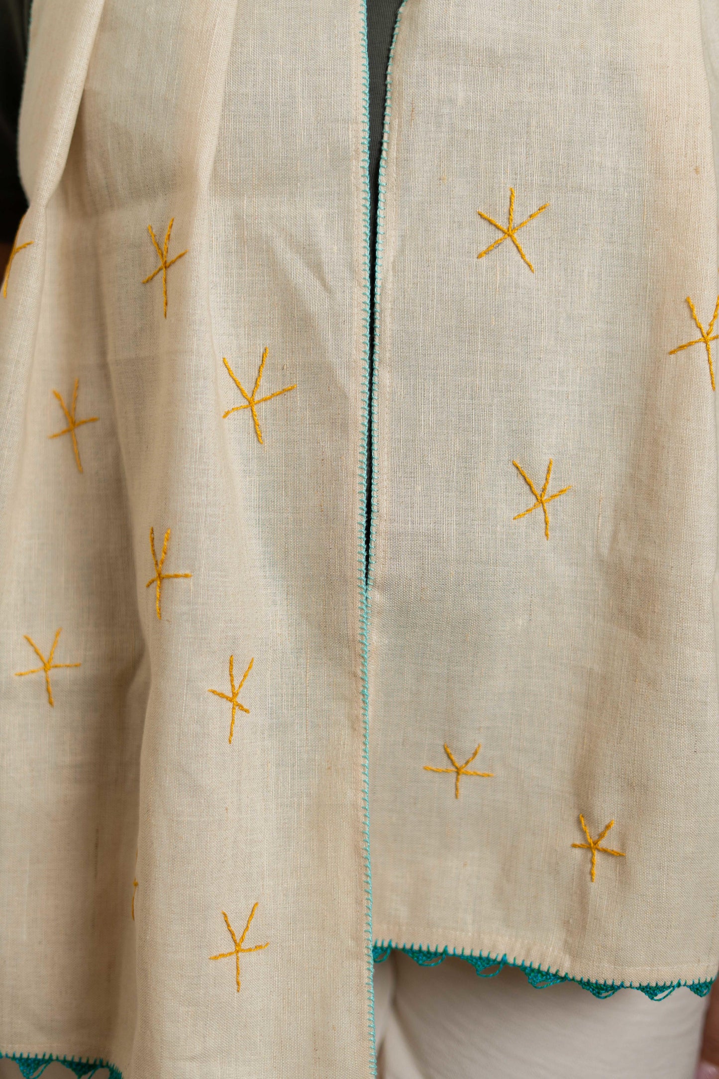 Beige Linen Scarf – Brown Embroidery & Oya Edge