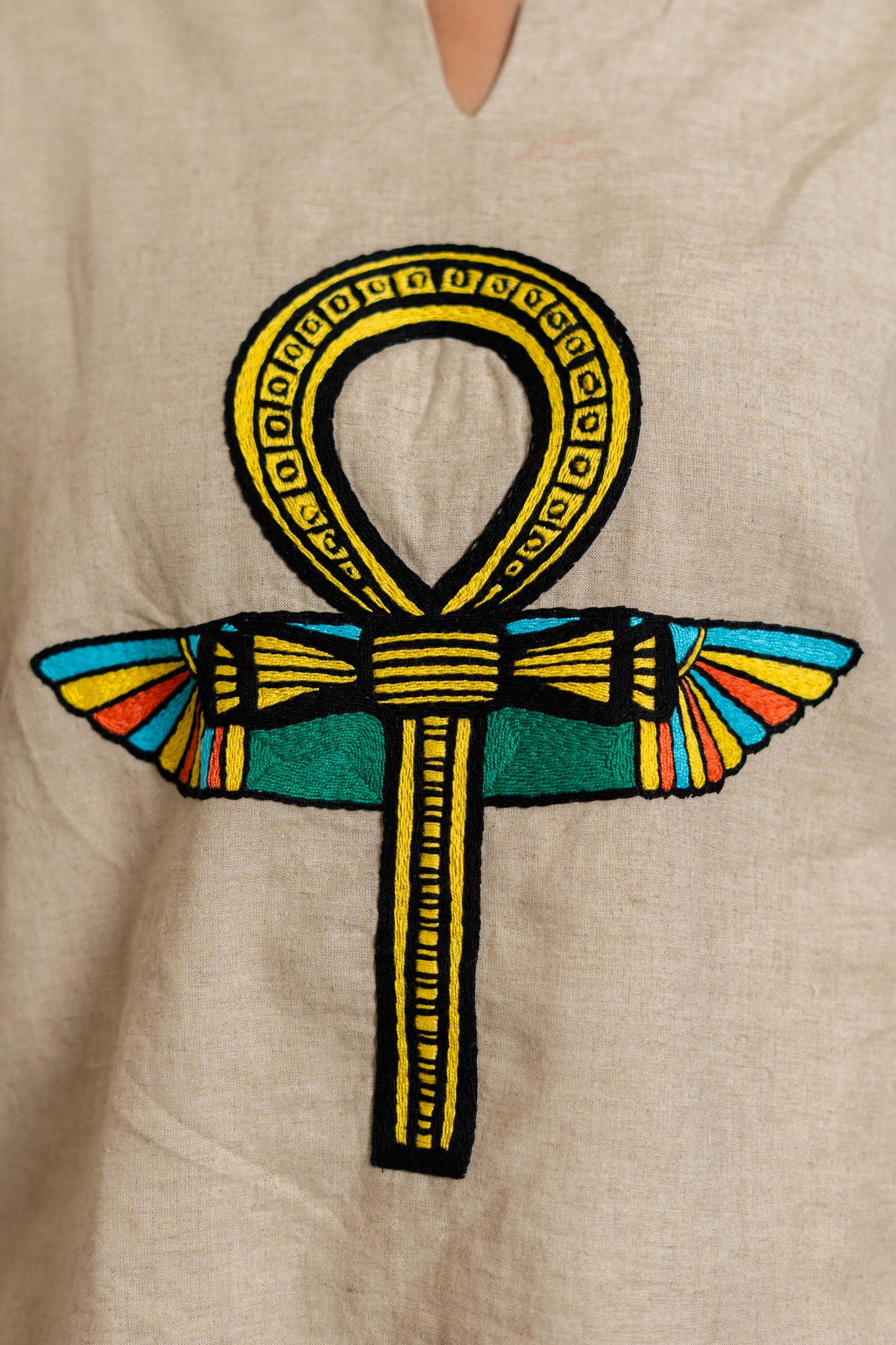 Beige Linen Blouse with Ankh & Scarab Embroidery