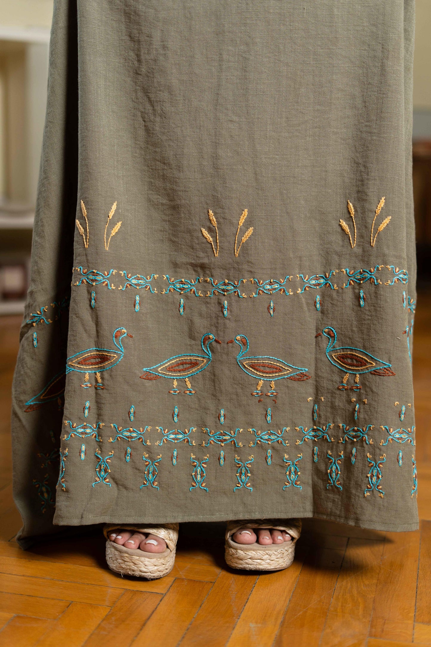 Olive Linen Dress with Egyptian-Inspired Goose Embroidery