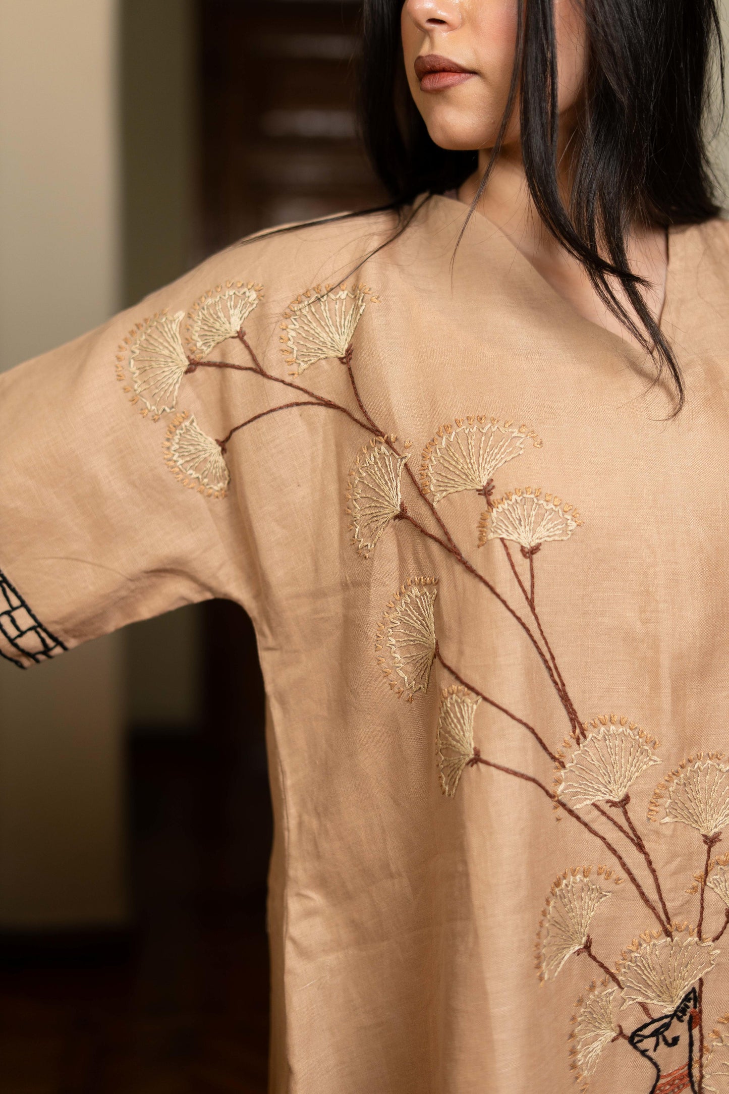 Sand Beige Linen Dress with Bastet Embroidery
