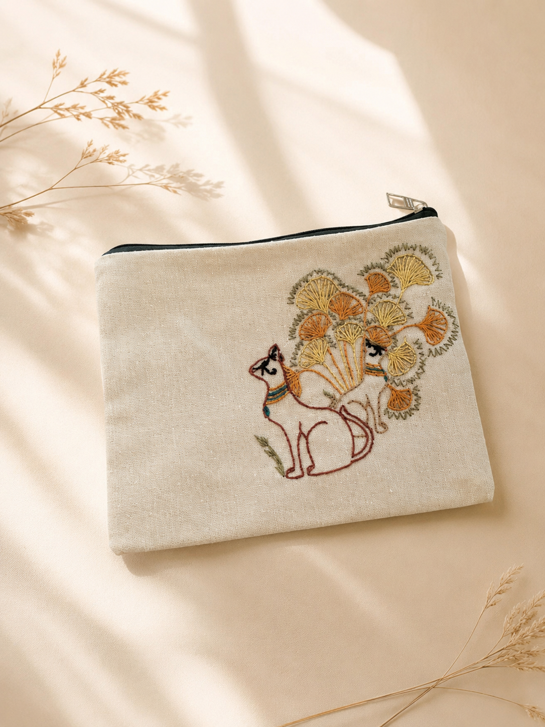 Bastet Bloom Embroidered Linen Pouch