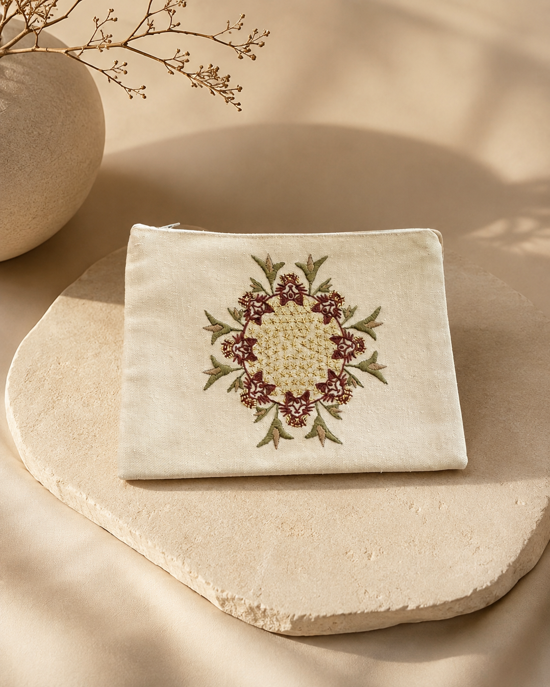 Bastet-Inspired Botanical Embroidered Linen Pouch