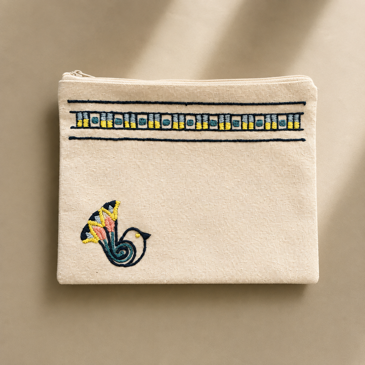 Ancient Egyptian Birds, Lotus & Geometric Motifs Embroidered Pouch