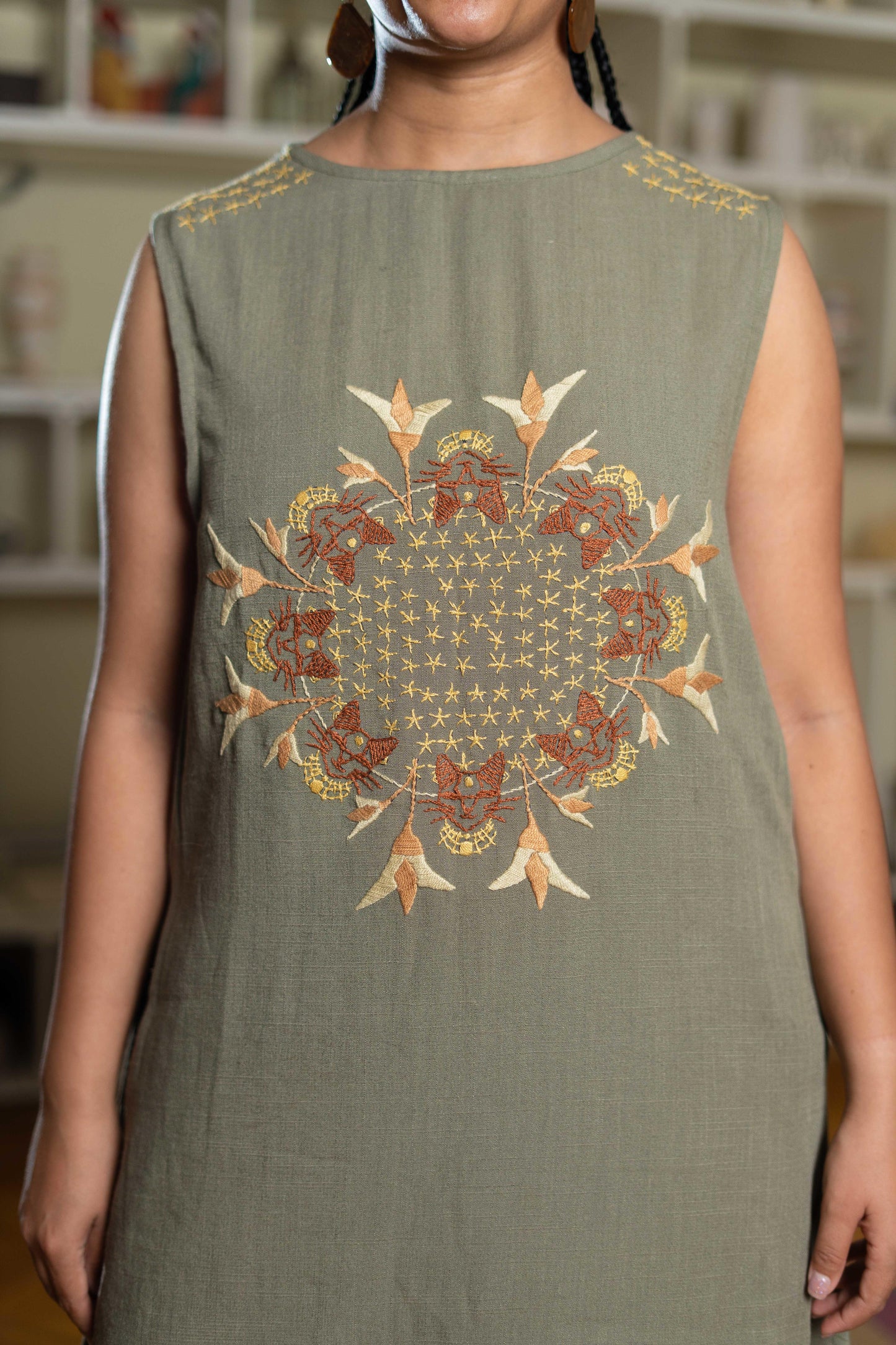 Olive Green Linen Dress with Egyptian-Inspired Embroidery