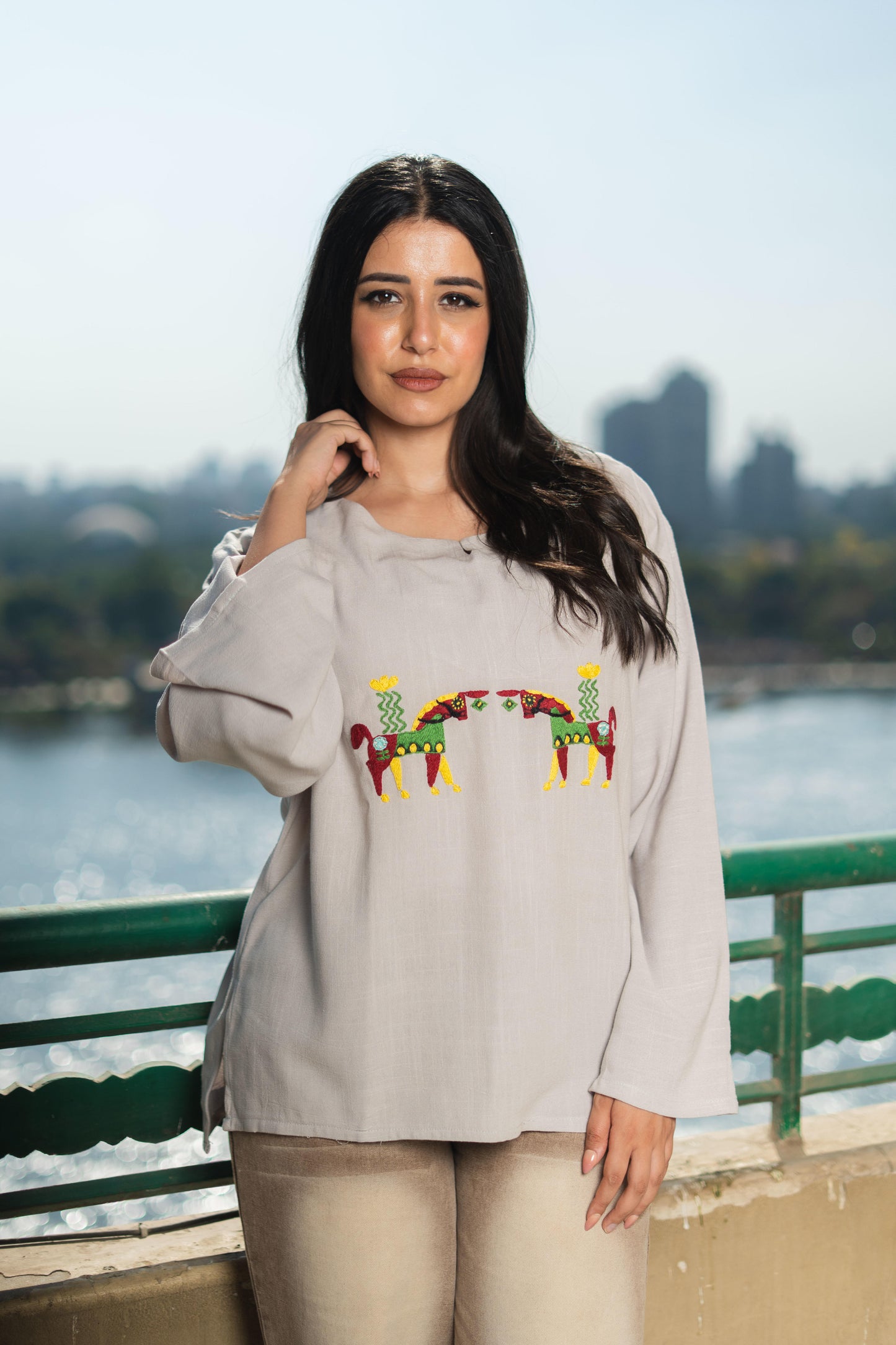 Beige Linen Blouse with Horse Embroidery