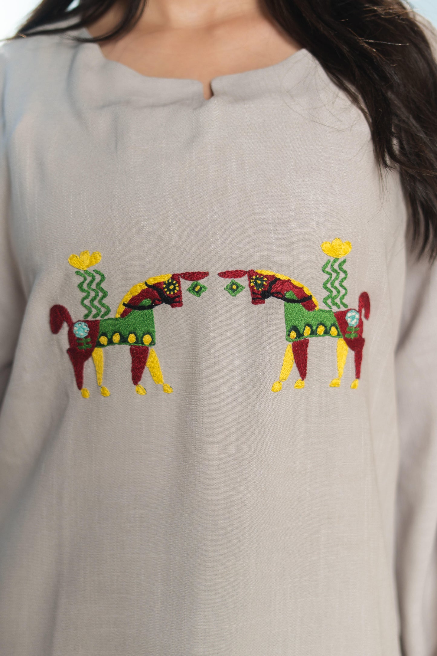Beige Linen Blouse with Horse Embroidery
