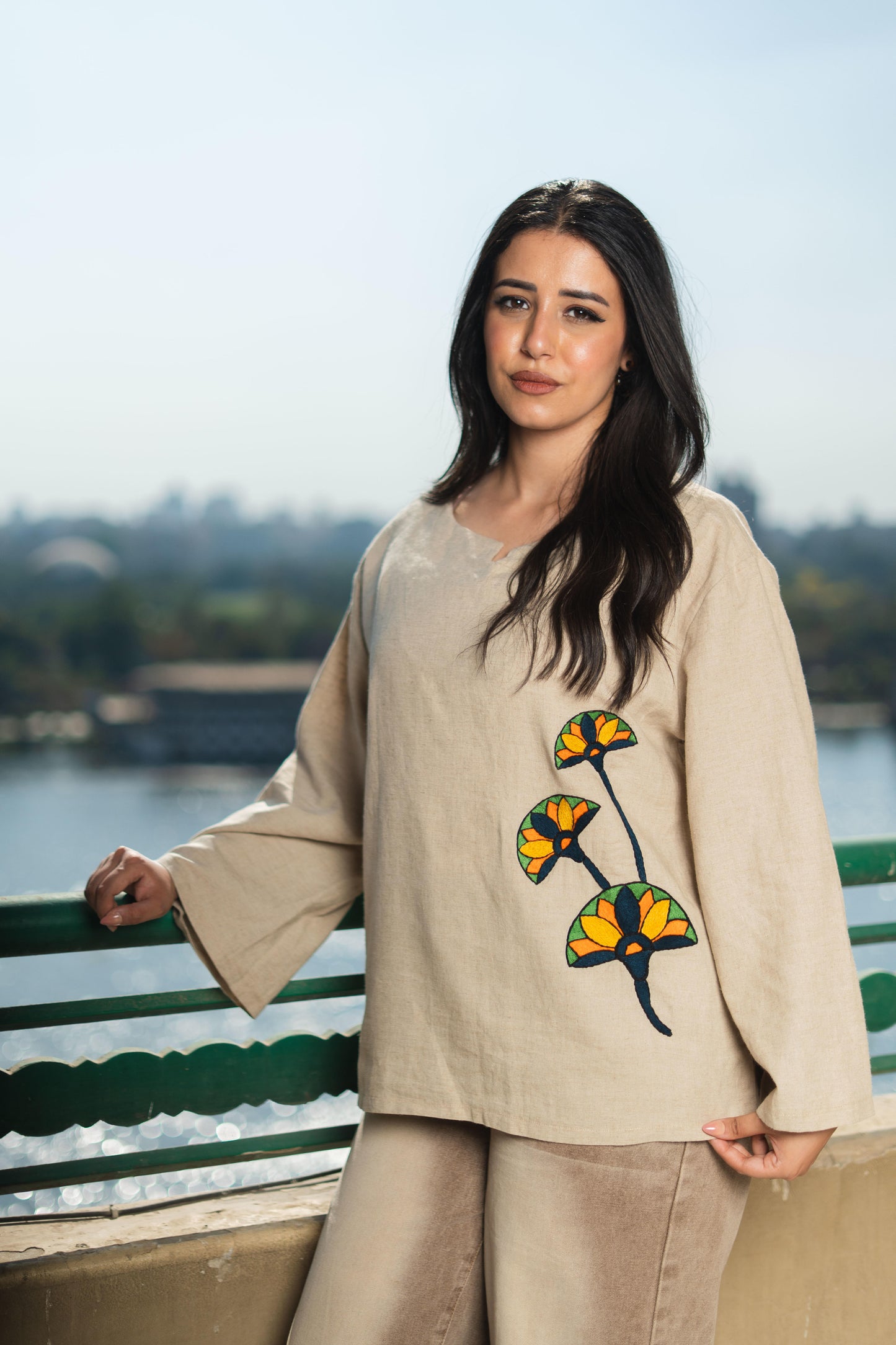 Beige Linen Blouse - Lotus Embroidery
