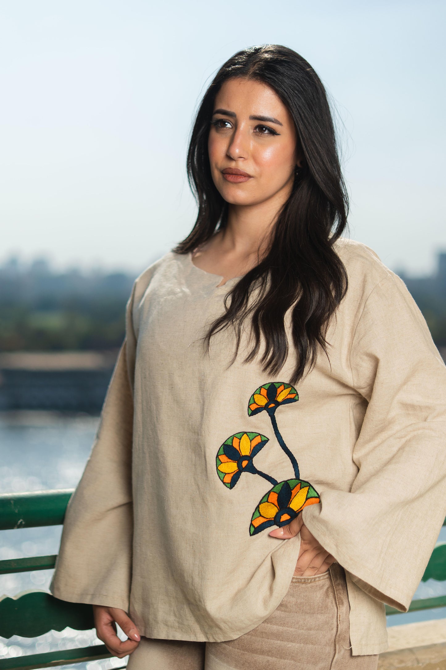 Beige Linen Blouse - Lotus Embroidery