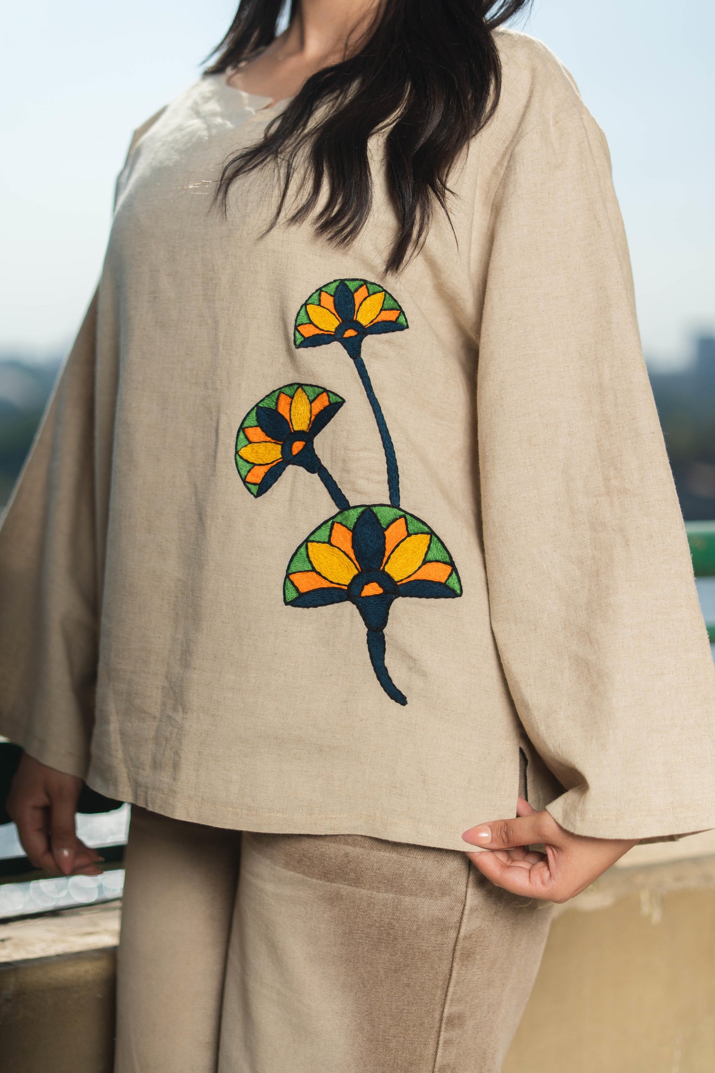 Beige Linen Blouse - Lotus Embroidery