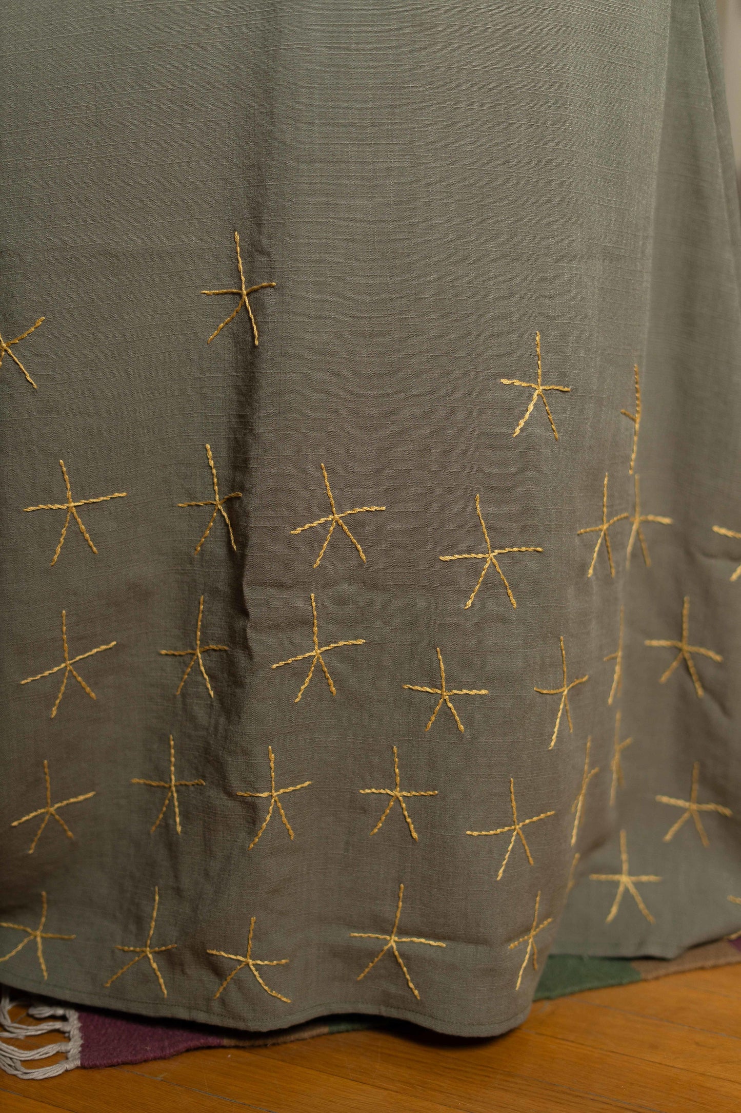 Olive Green Linen Dress with Egyptian-Inspired Embroidery