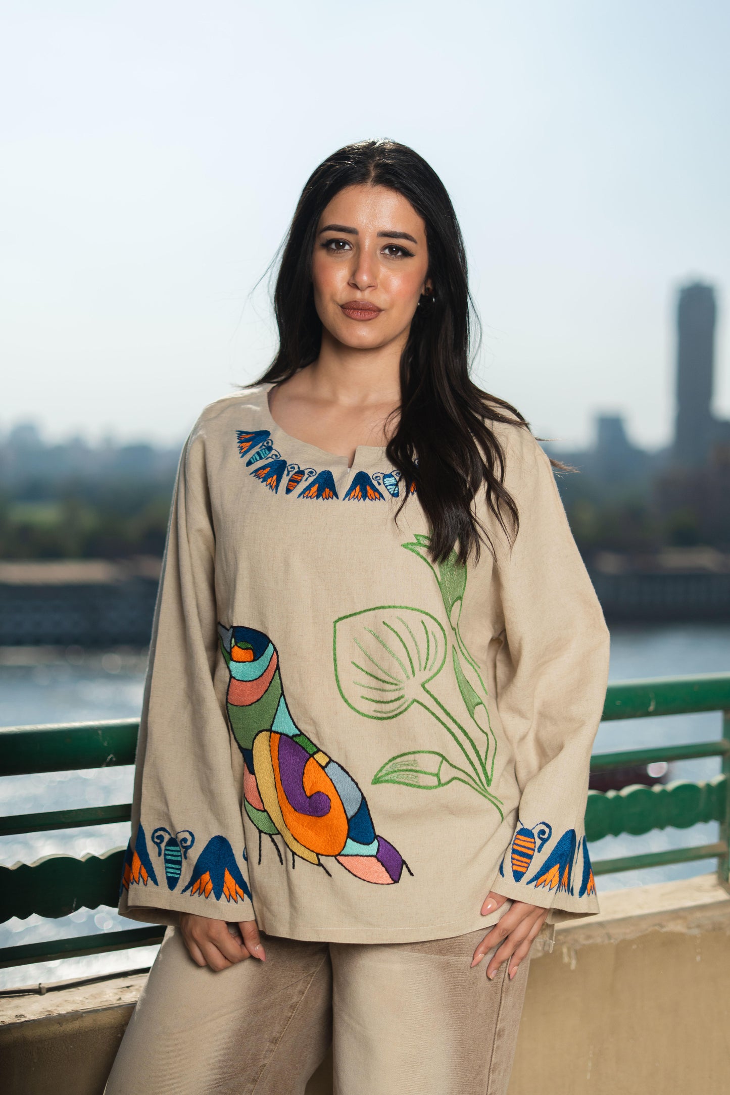 Beige Linen Blouse – Egyptian Bird & Lotus Embroidery