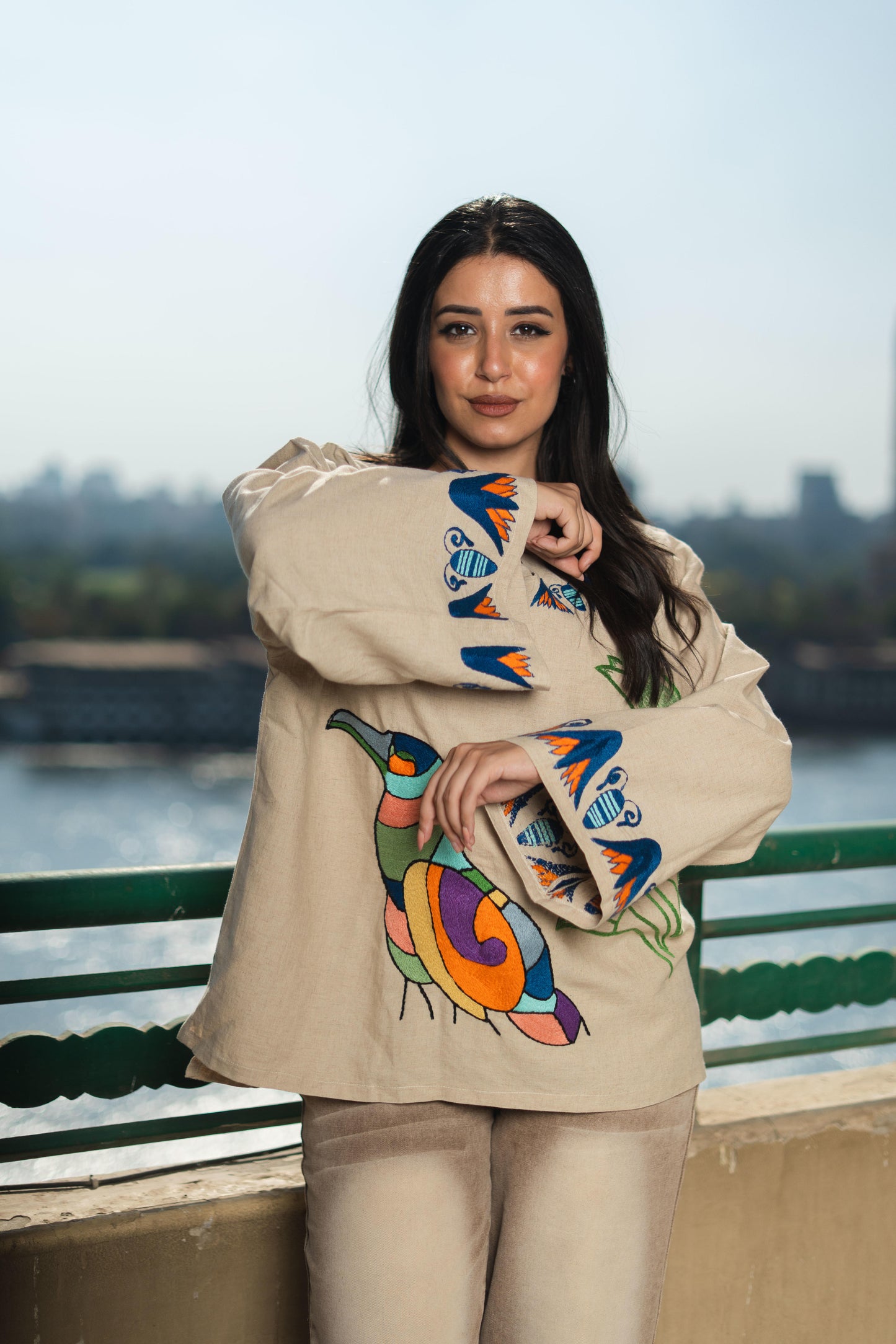 Beige Linen Blouse – Egyptian Bird & Lotus Embroidery