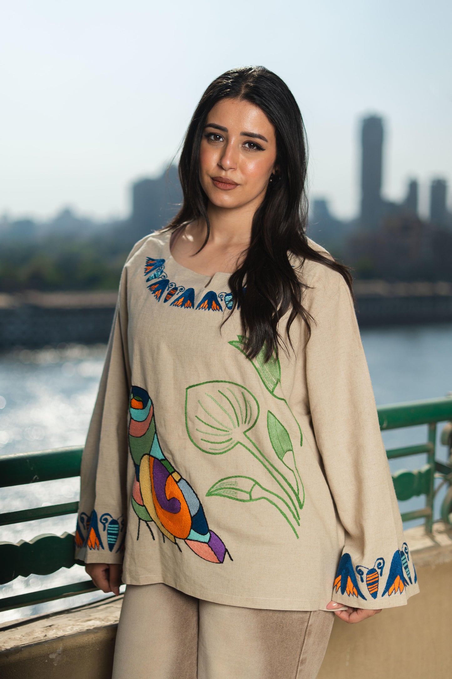 Beige Linen Blouse – Egyptian Bird & Lotus Embroidery