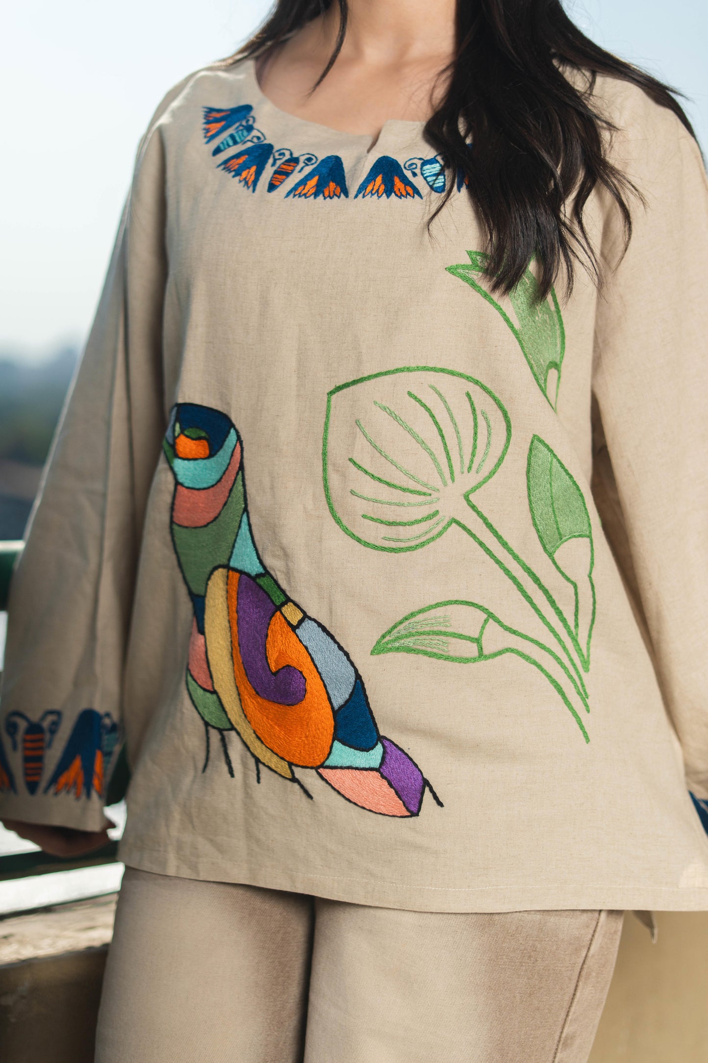 Beige Linen Blouse – Egyptian Bird & Lotus Embroidery