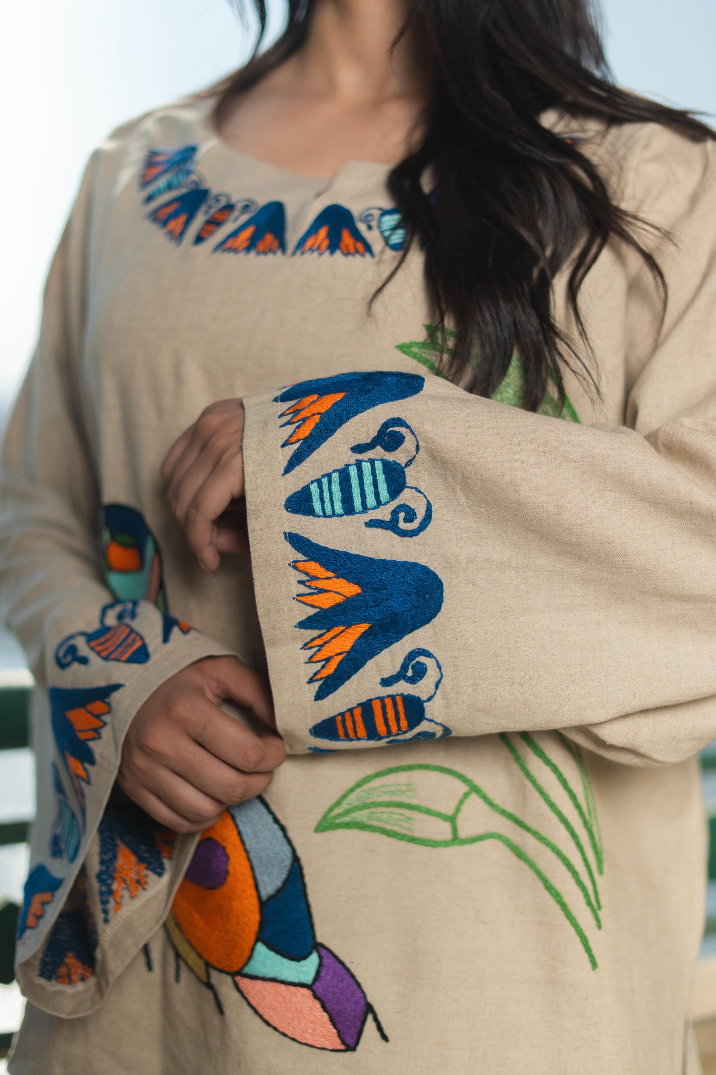 Beige Linen Blouse – Egyptian Bird & Lotus Embroidery