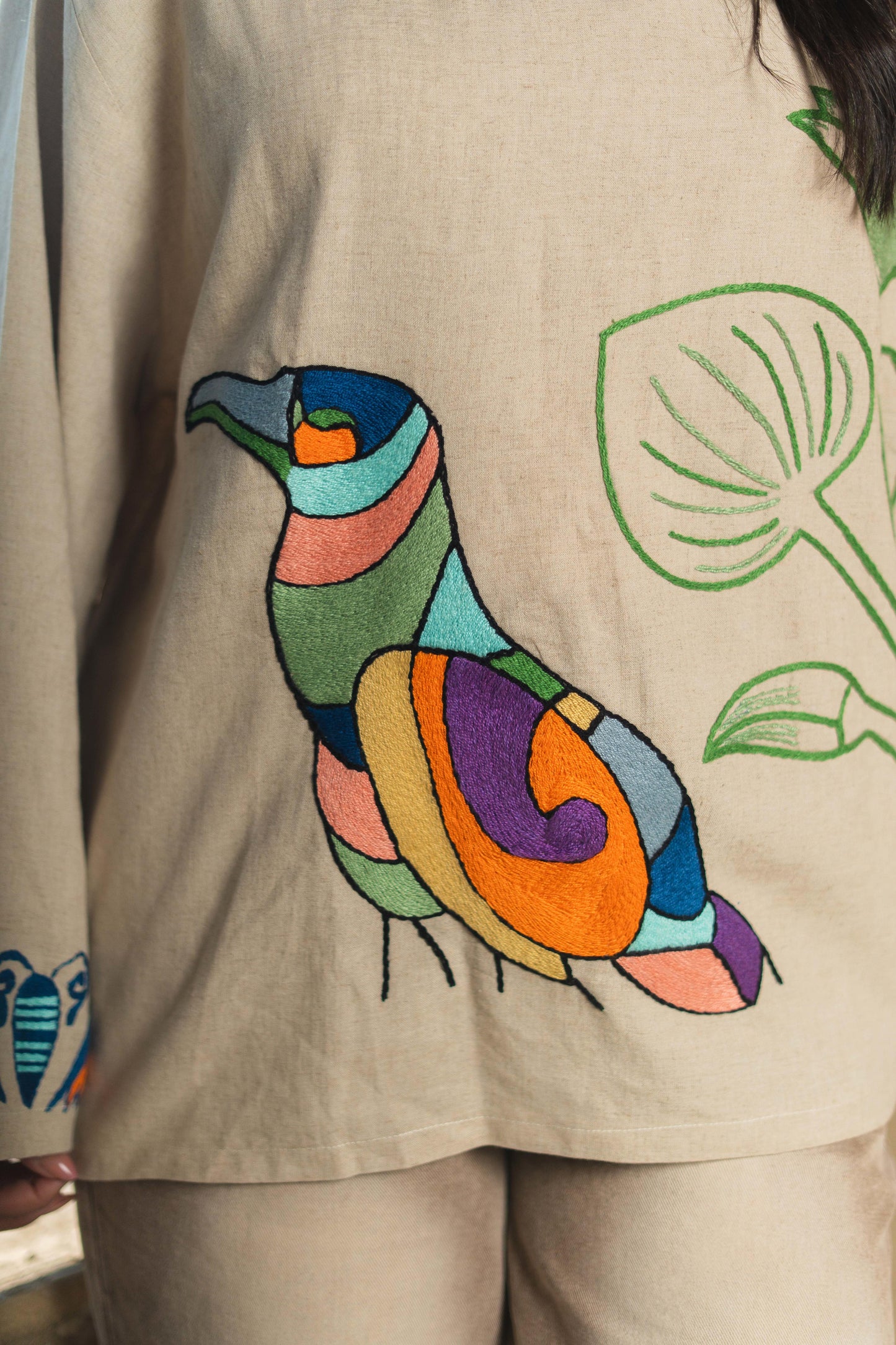 Beige Linen Blouse – Egyptian Bird & Lotus Embroidery