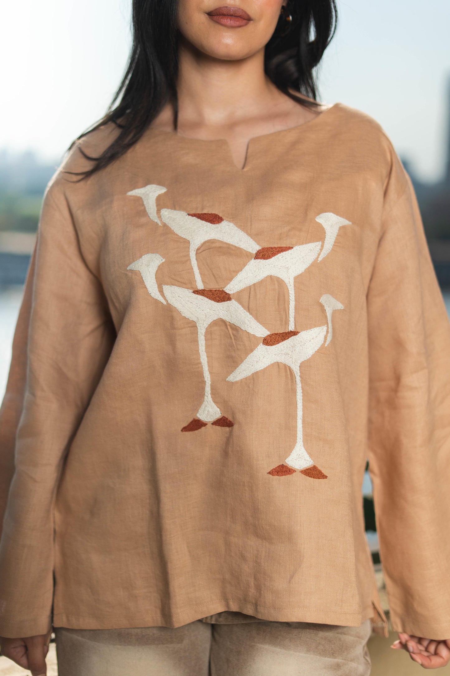 Linen Blouse with Hooded Crow Embroidery