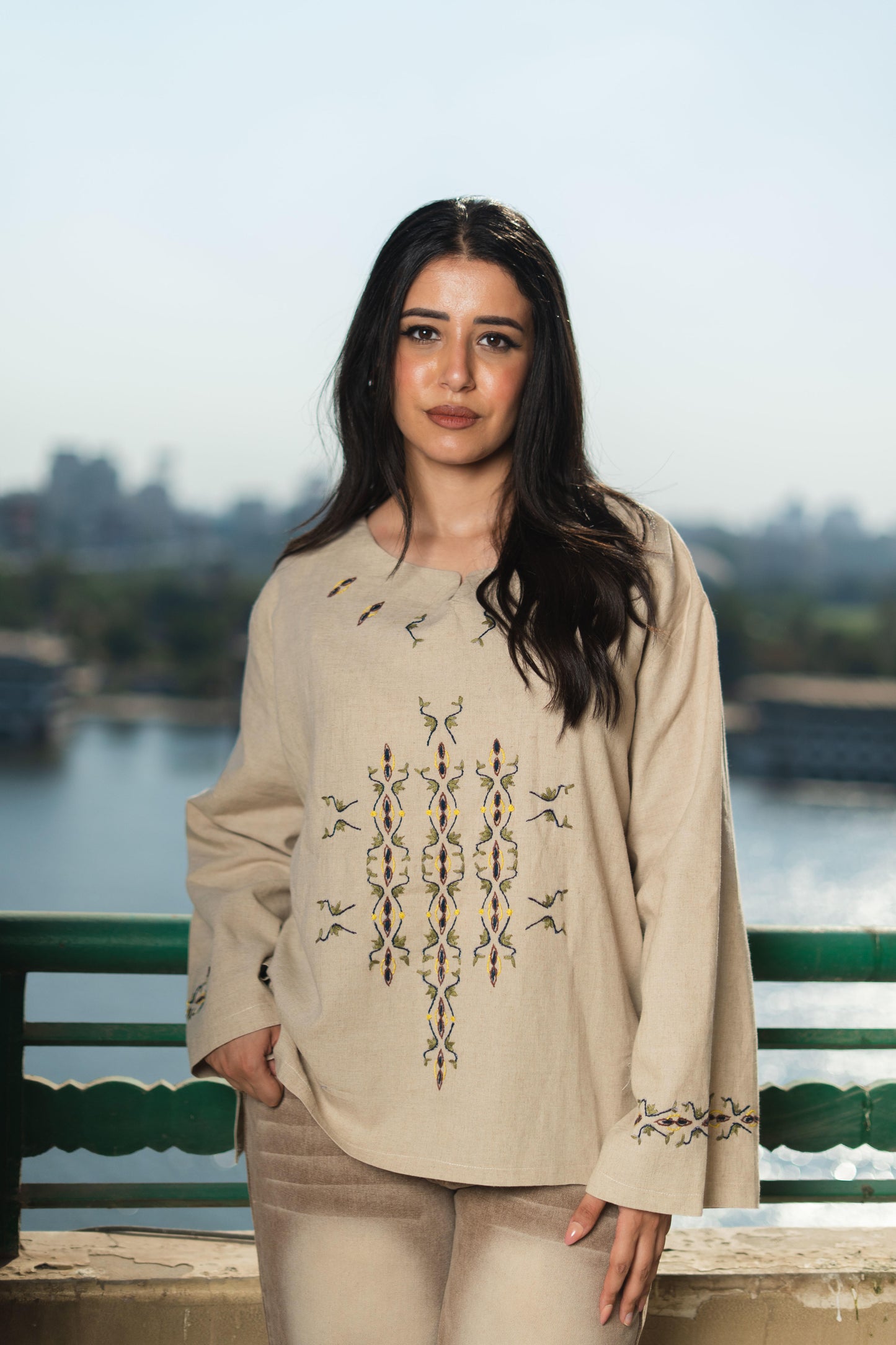 Beige Linen Blouse - Egyptian Goose & Lotus Embroidery