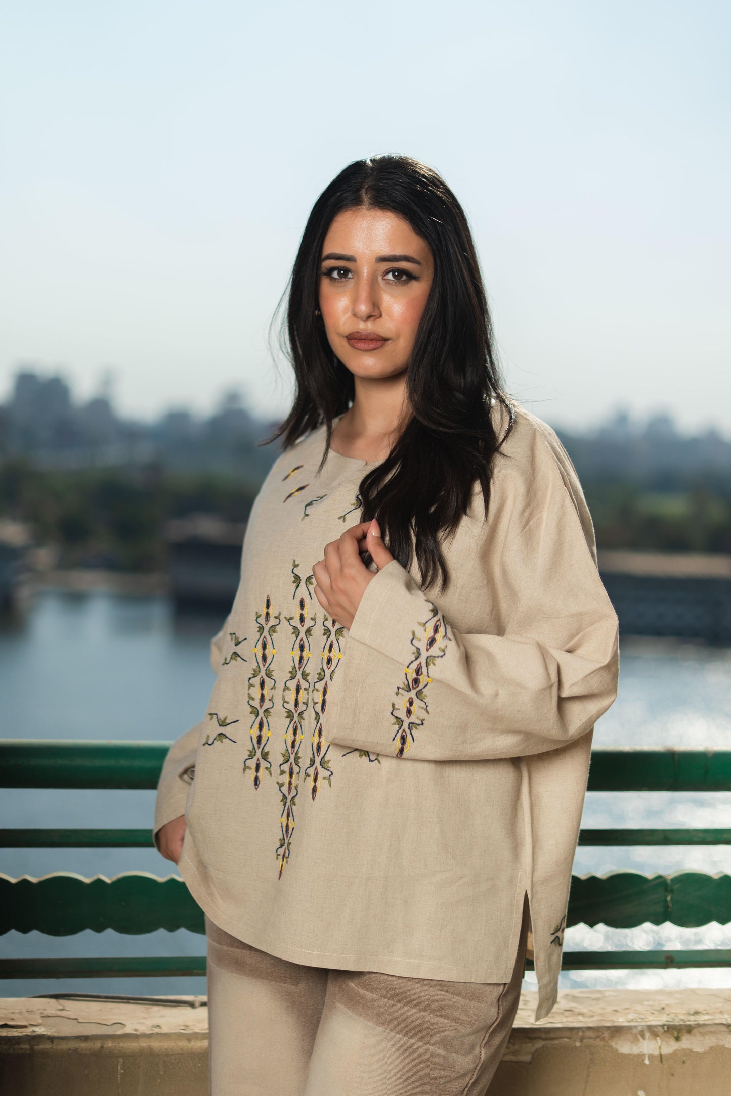 Beige Linen Blouse - Egyptian Goose & Lotus Embroidery