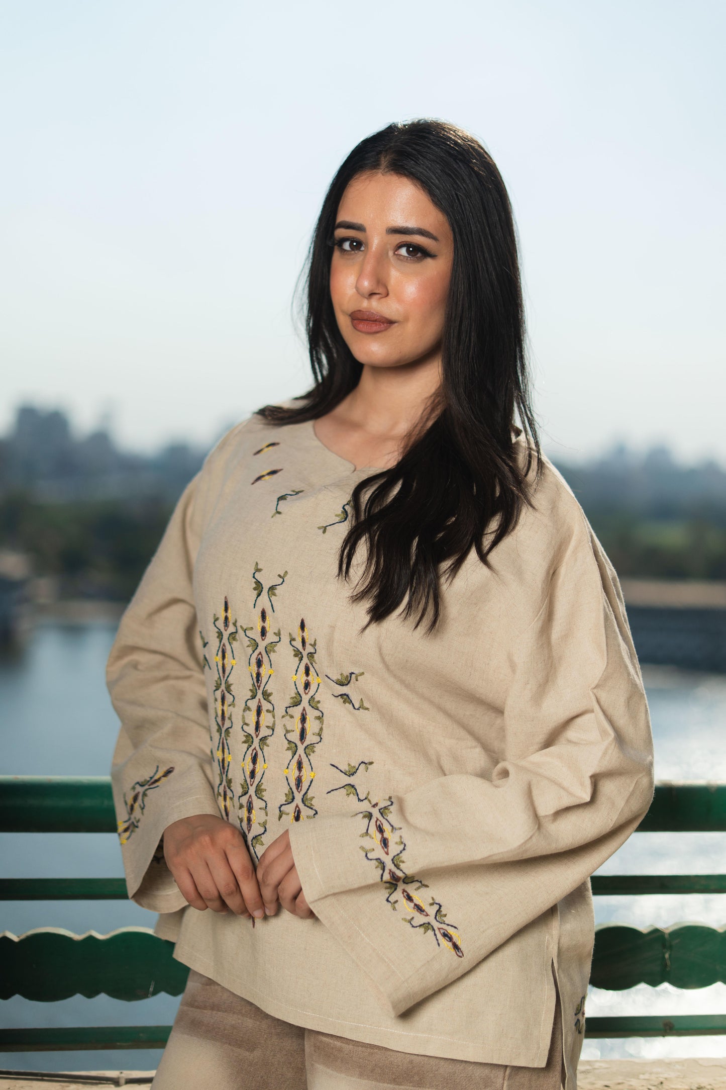 Beige Linen Blouse - Egyptian Goose & Lotus Embroidery