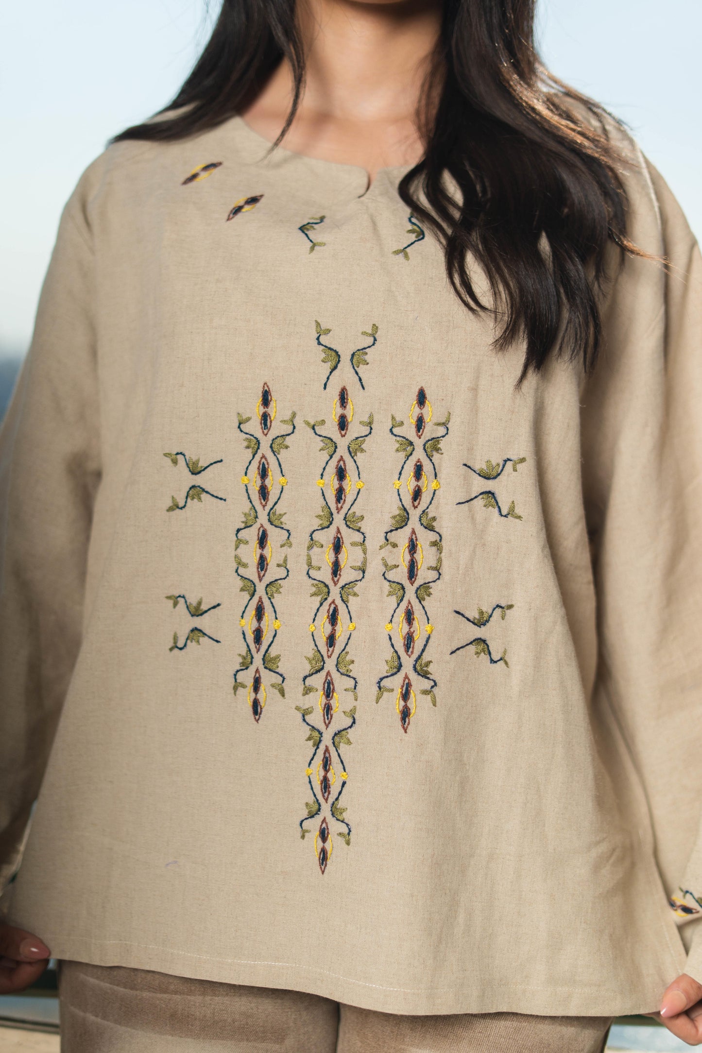 Beige Linen Blouse - Egyptian Goose & Lotus Embroidery