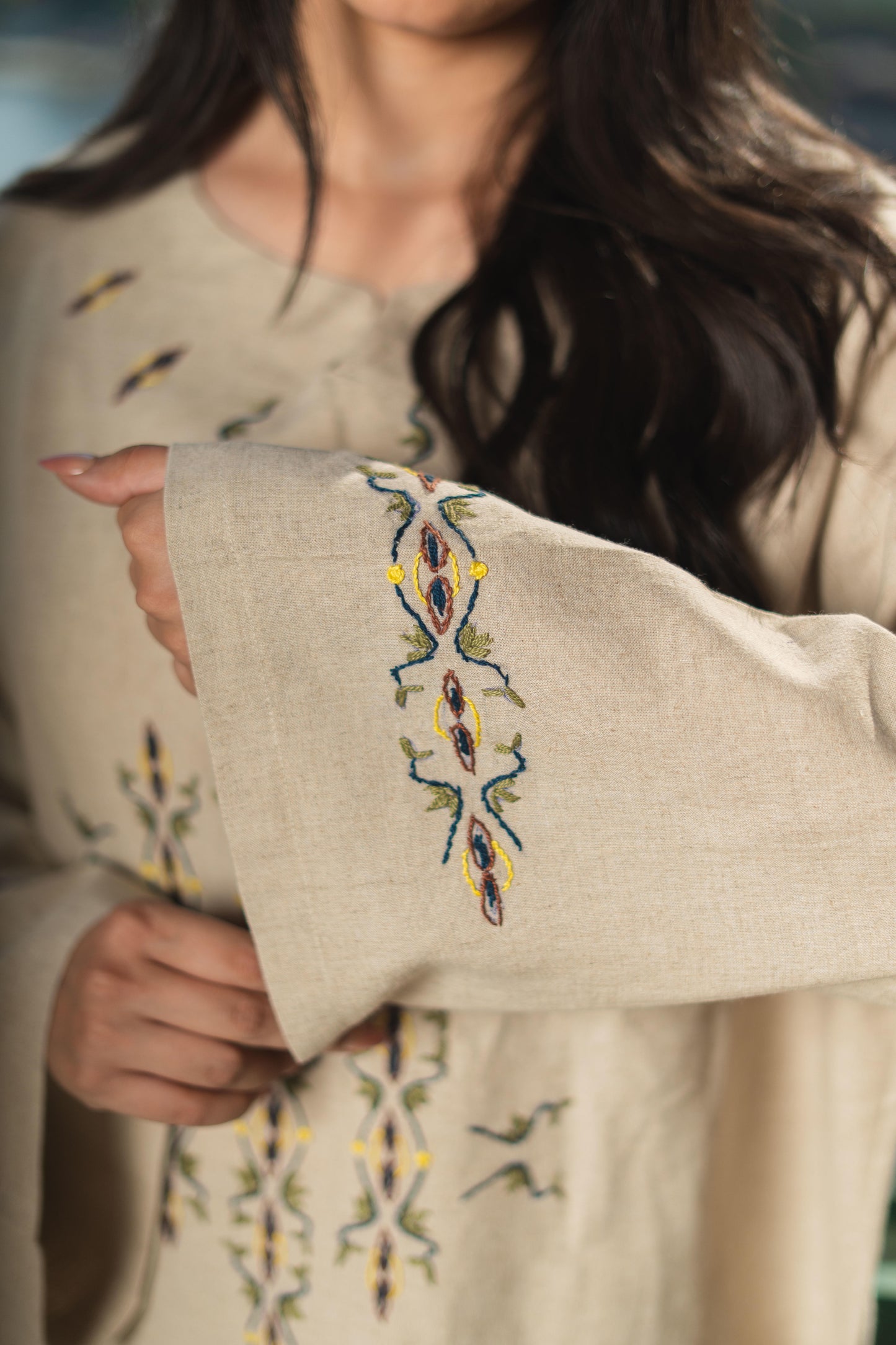 Beige Linen Blouse - Egyptian Goose & Lotus Embroidery