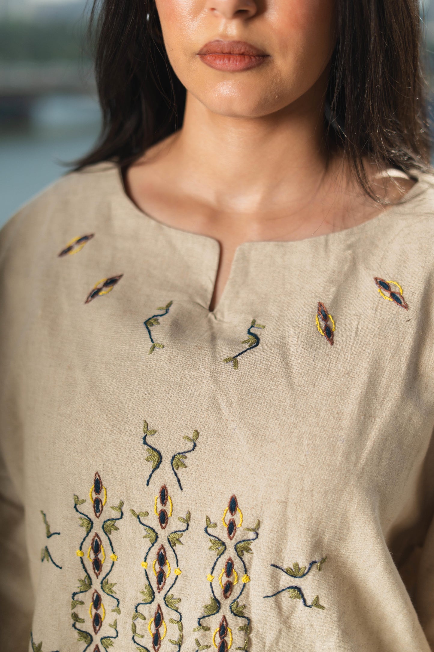 Beige Linen Blouse - Egyptian Goose & Lotus Embroidery