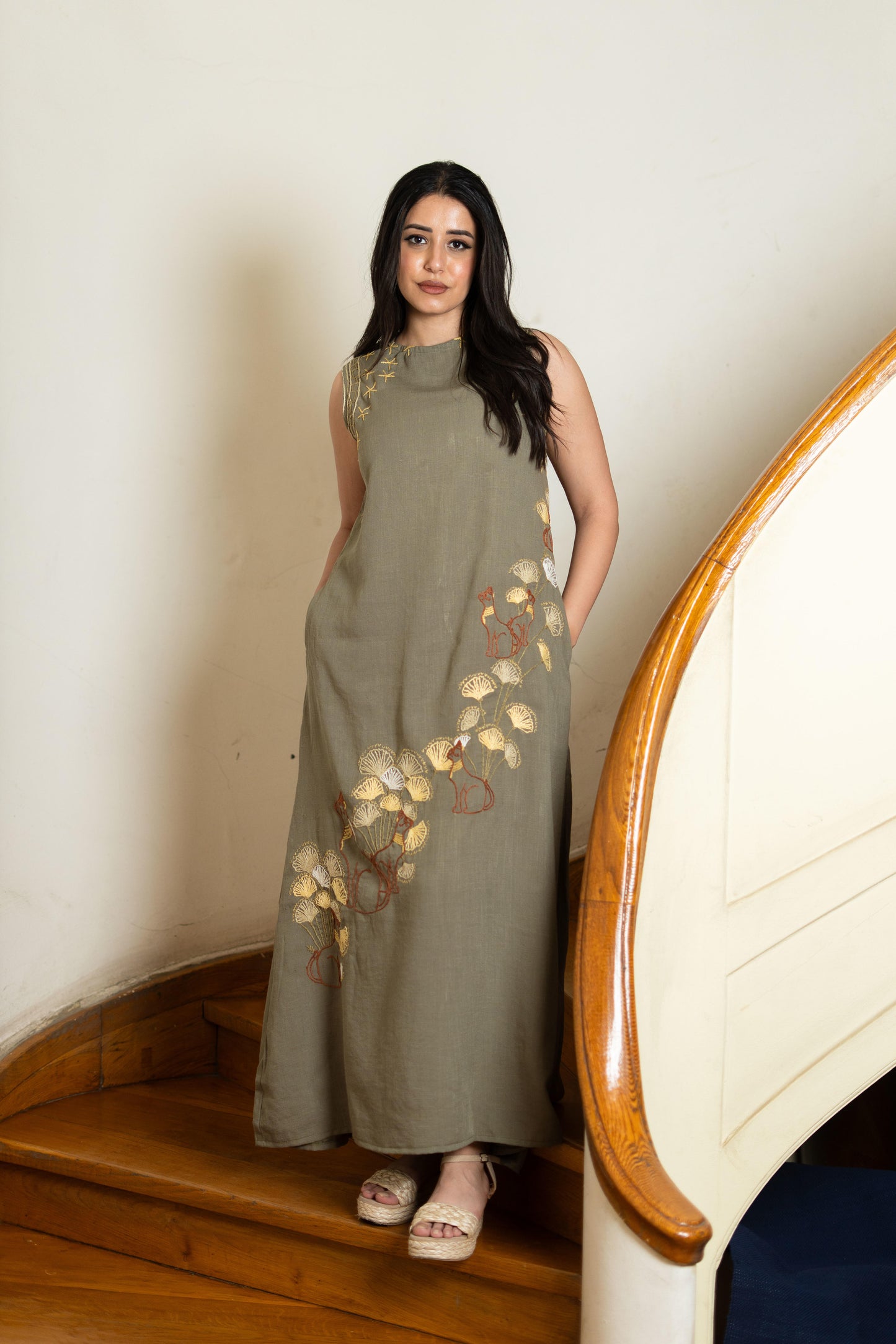 Sage Green Linen Dress with Modern Bastet Embroidery