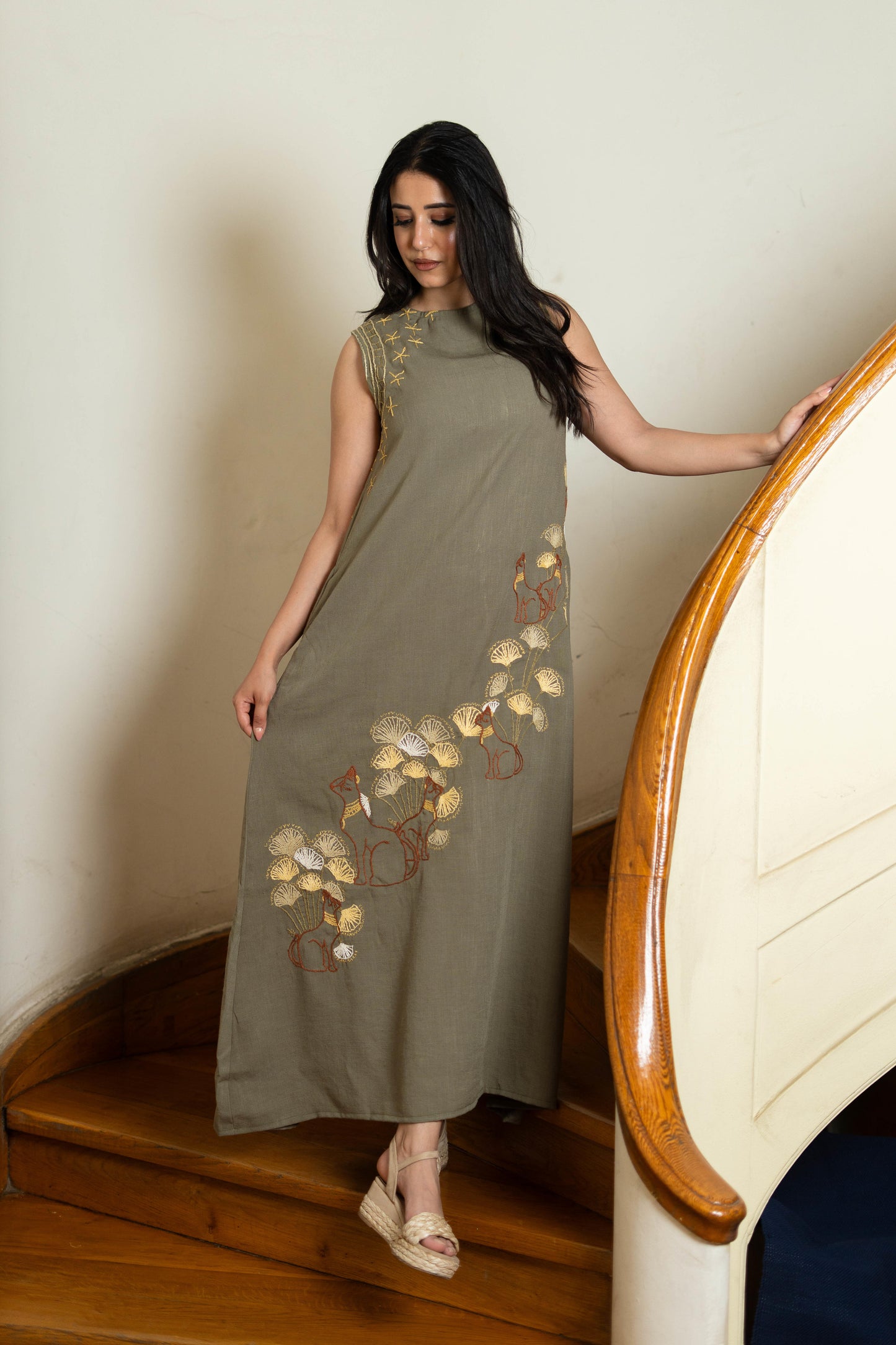 Sage Green Linen Dress with Modern Bastet Embroidery
