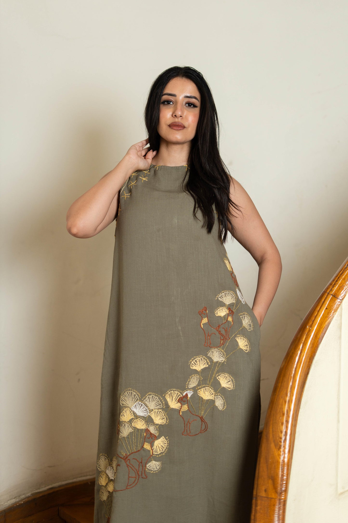 Sage Green Linen Dress with Modern Bastet Embroidery