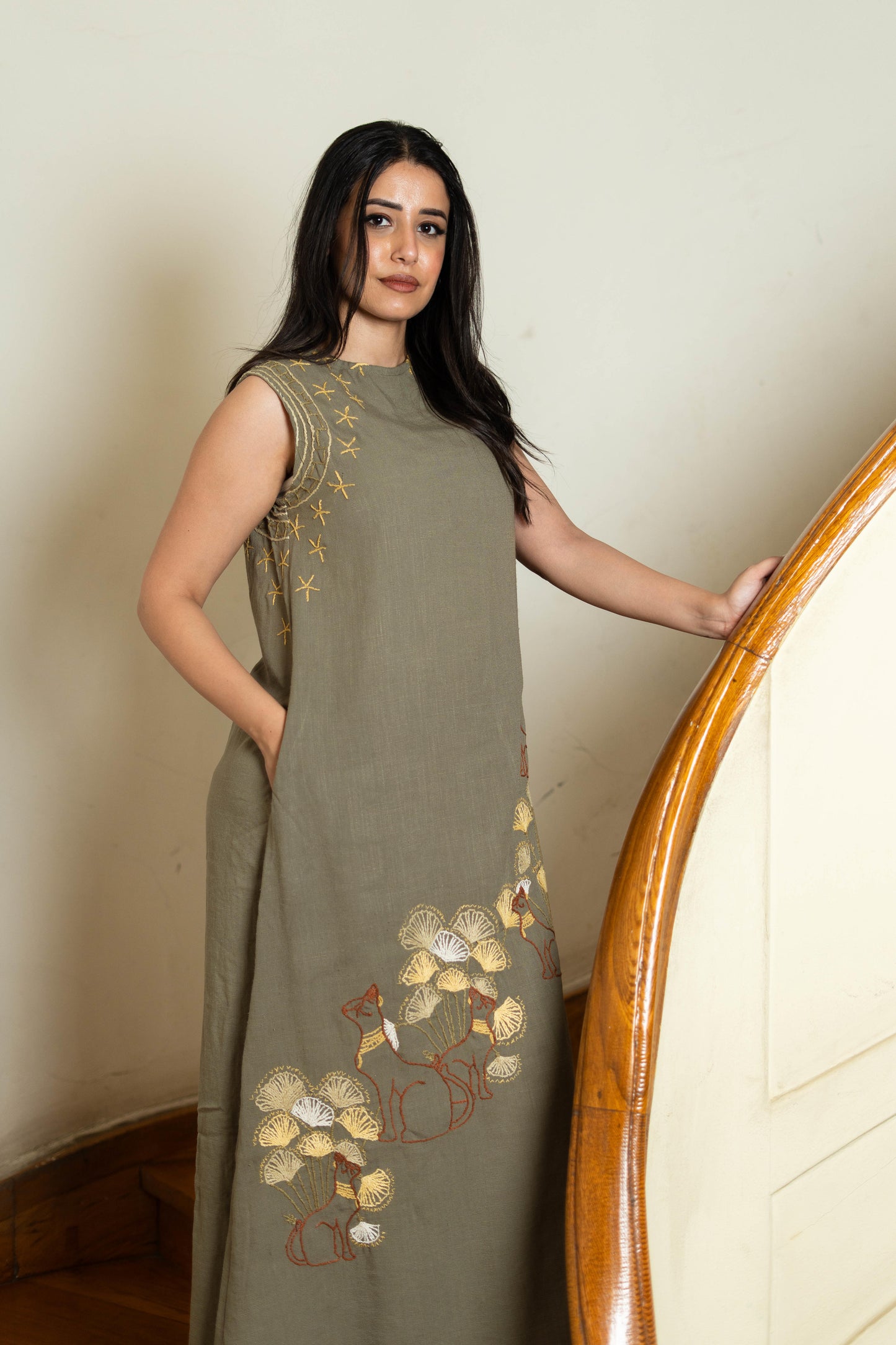 Sage Green Linen Dress with Modern Bastet Embroidery