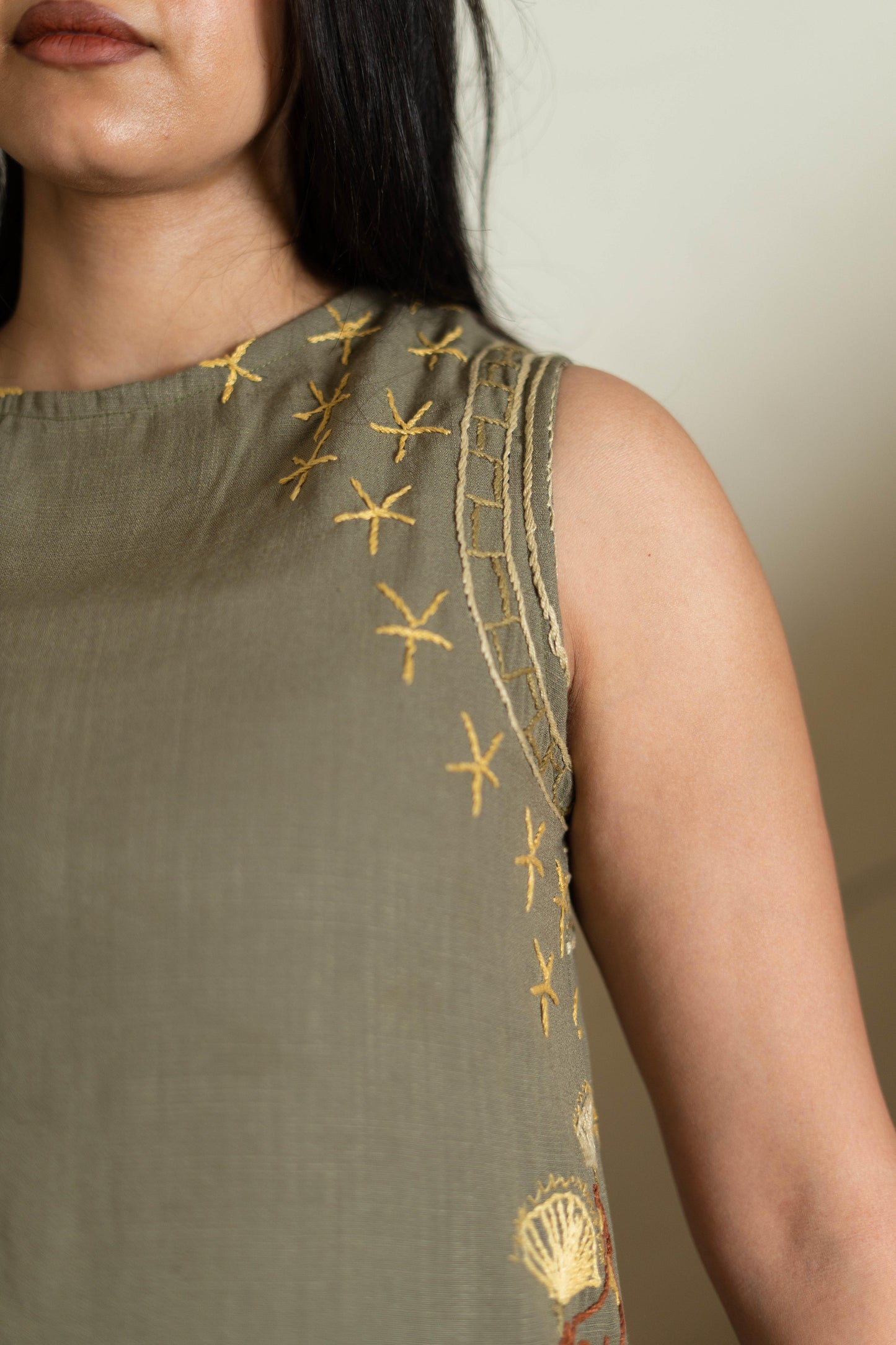 Sage Green Linen Dress with Modern Bastet Embroidery