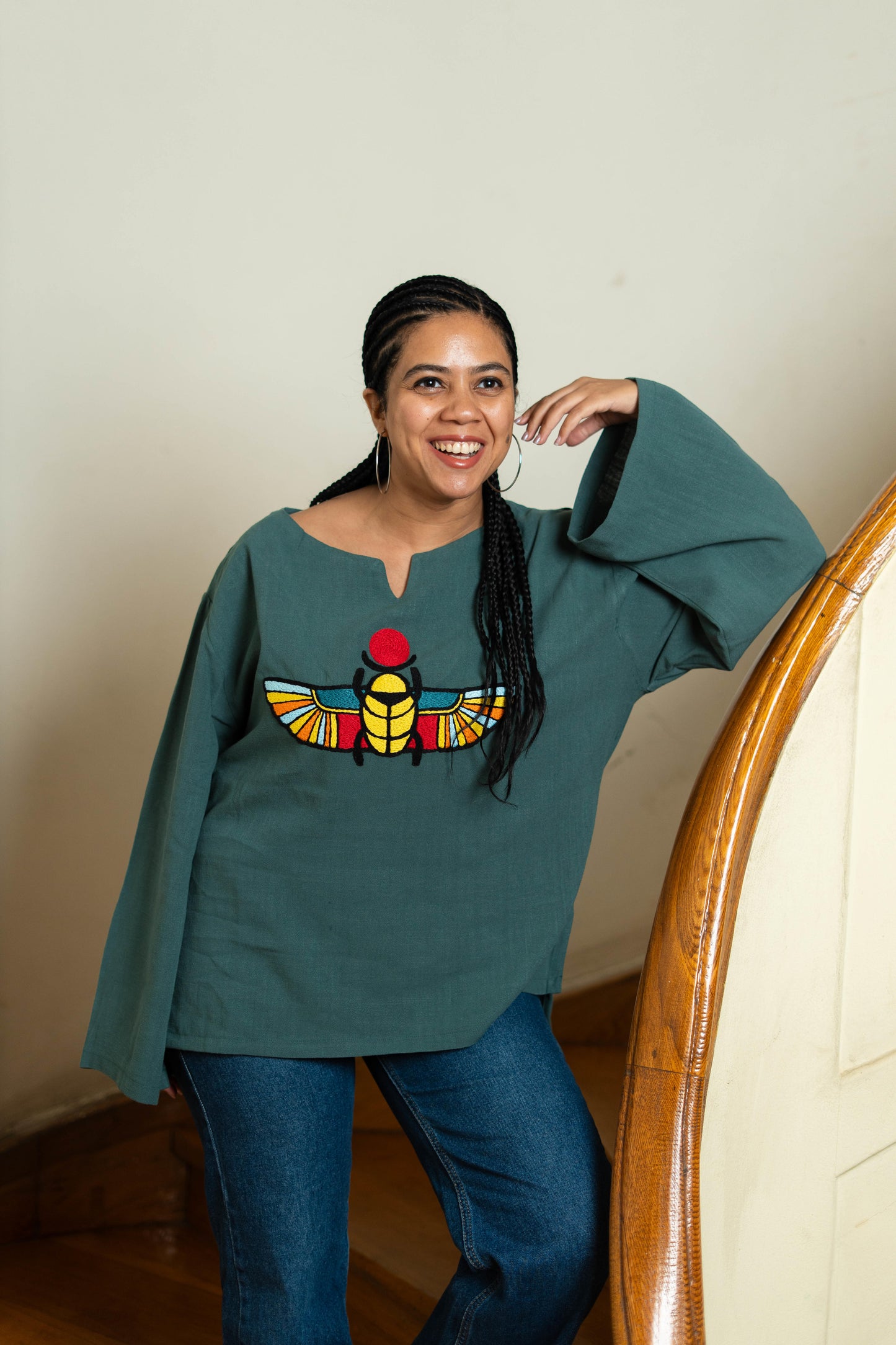 Teal Linen Blouse with Ancient Egyptian Scarab Embroidery