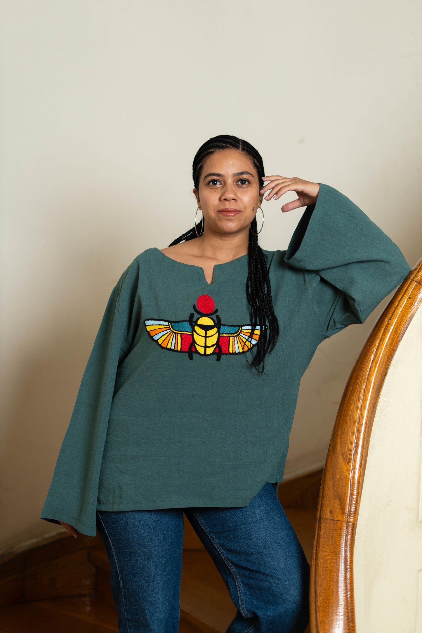 Teal Linen Blouse with Ancient Egyptian Scarab Embroidery