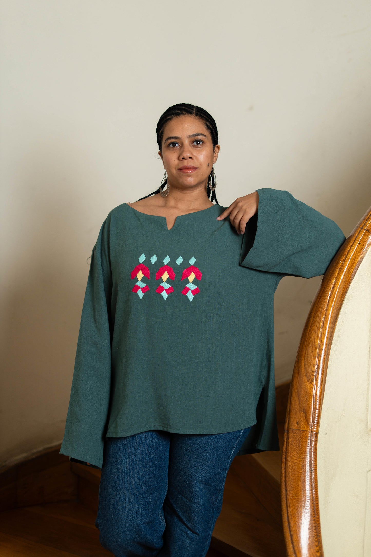 Teal Linen Blouse with Geometric Embroidery