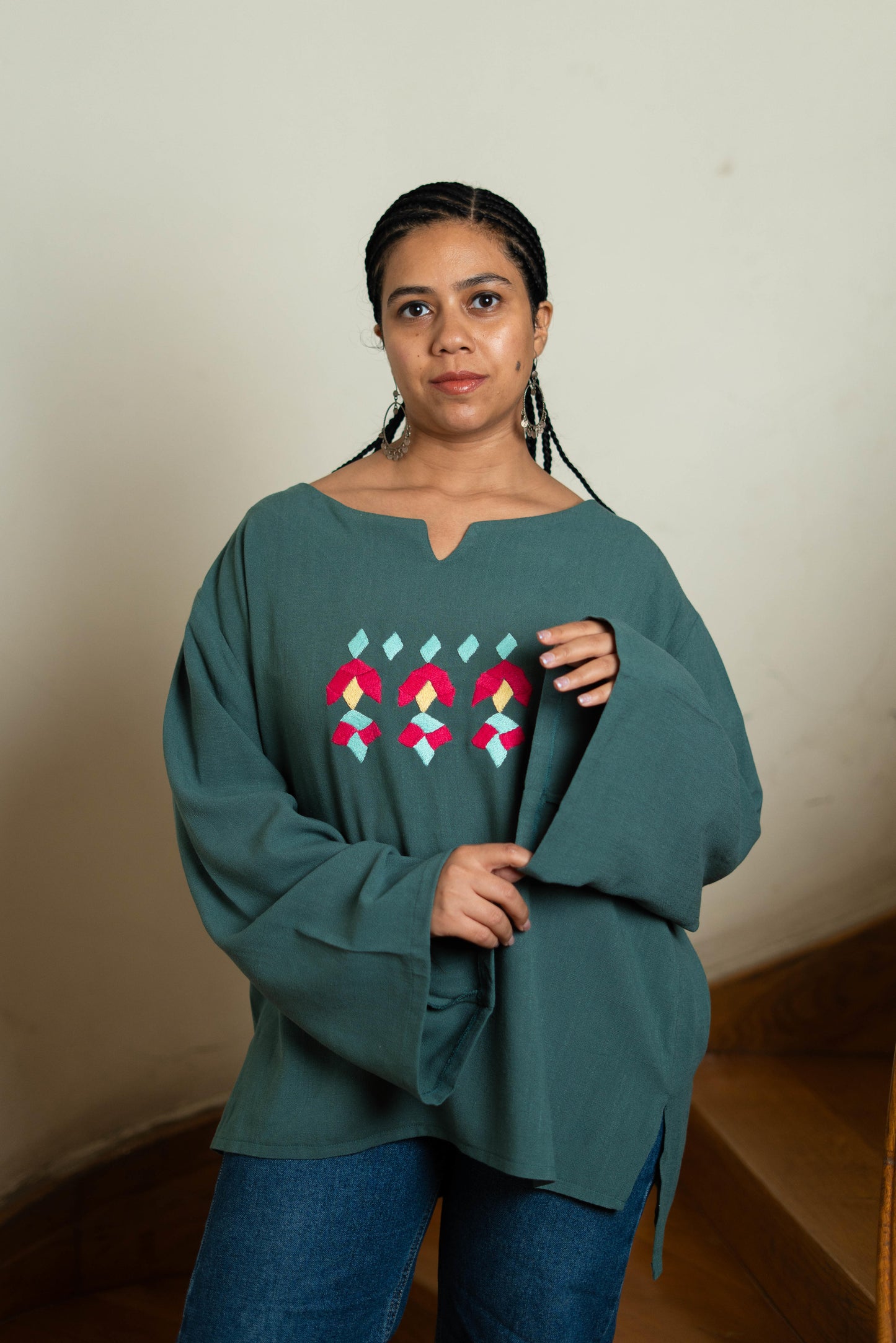 Teal Linen Blouse with Geometric Embroidery