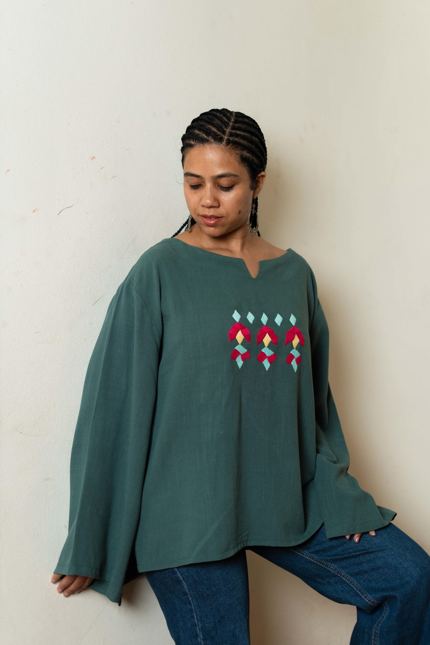 Teal Linen Blouse with Geometric Embroidery