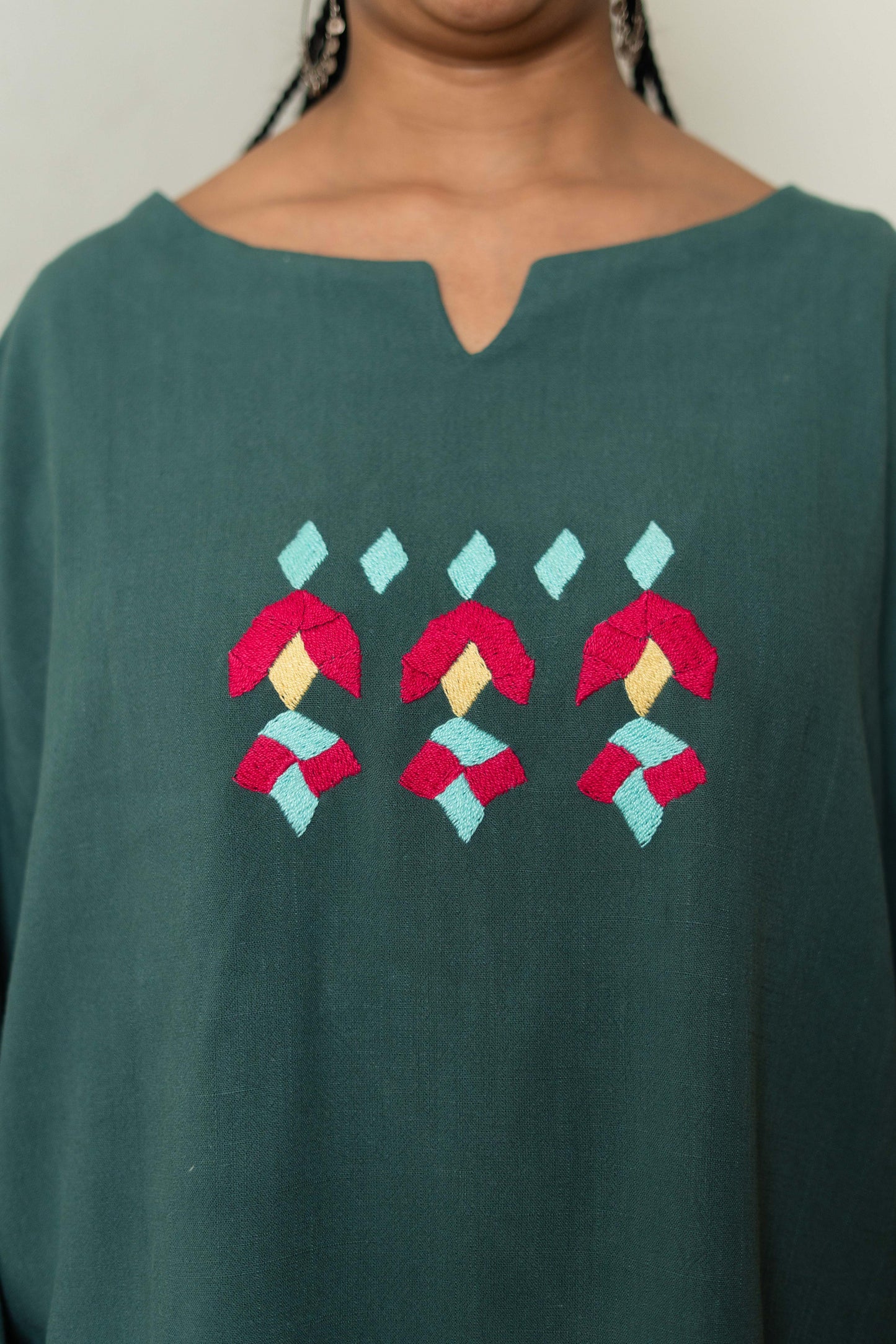 Teal Linen Blouse with Geometric Embroidery