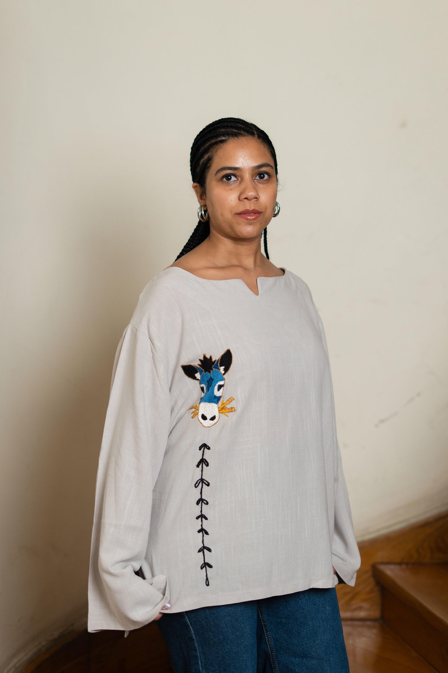 Beige Linen Blouse with Embroidered Motifs