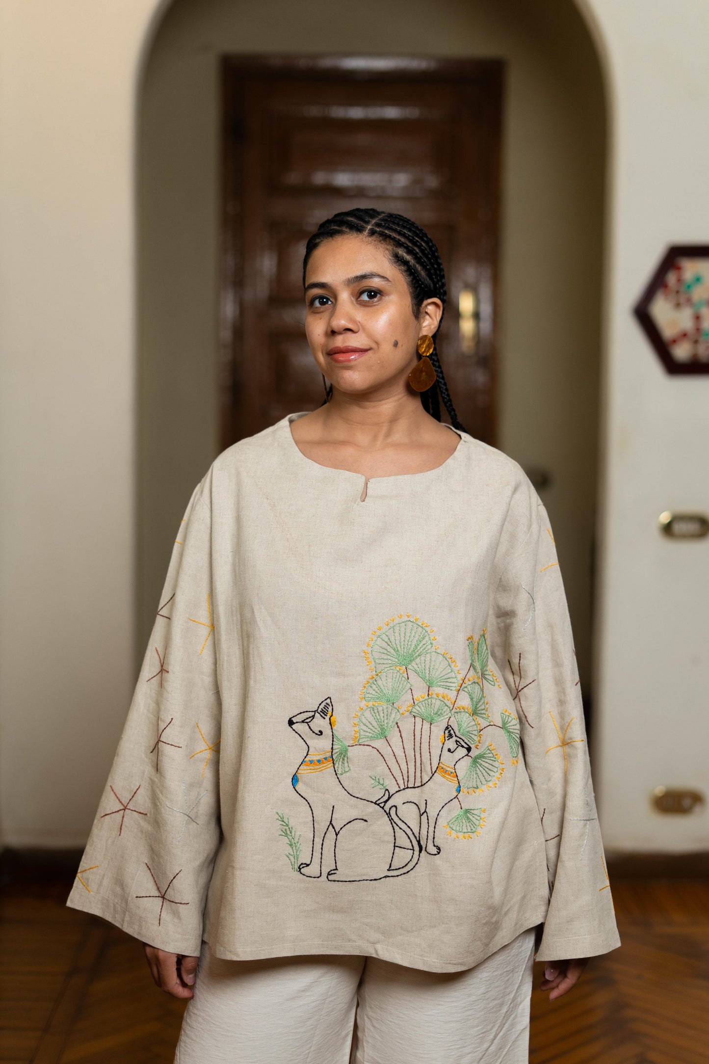 Beige Linen Blouse with Bastet & Lotus Embroidery