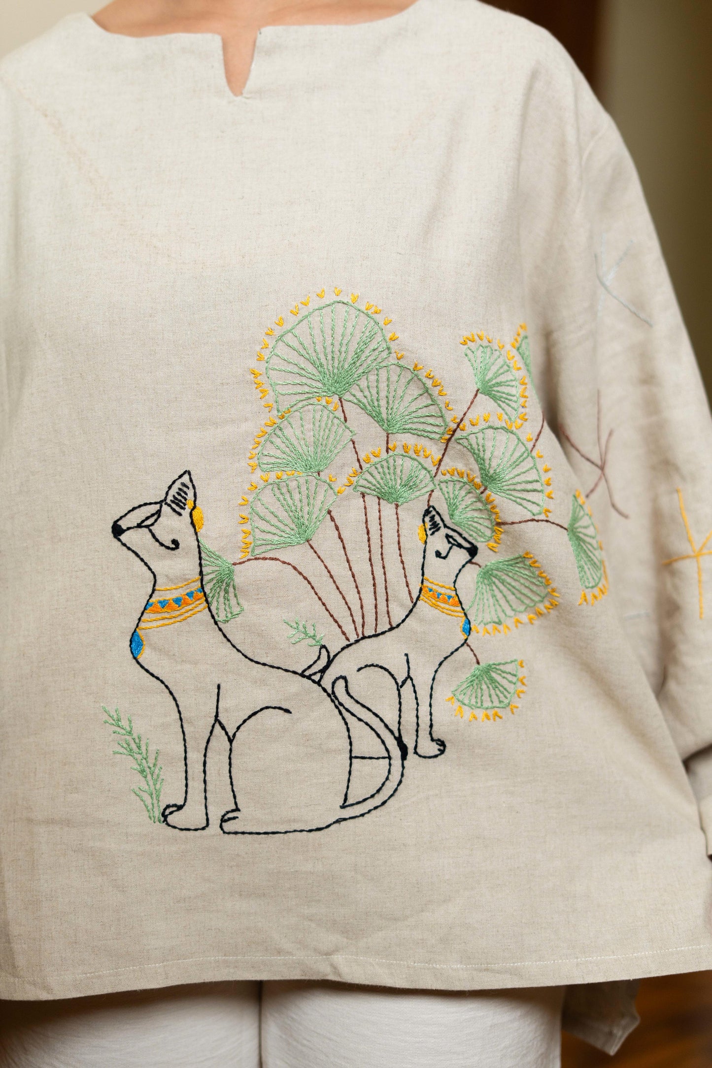 Beige Linen Blouse with Bastet & Lotus Embroidery