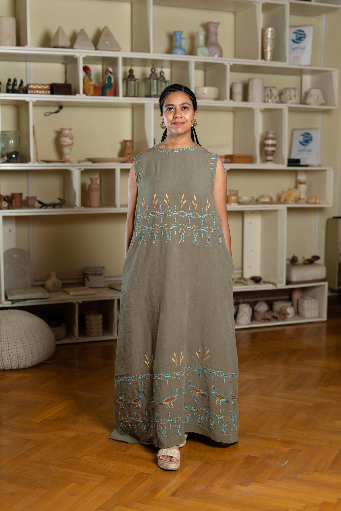 Olive Linen Dress with Egyptian-Inspired Goose Embroidery
