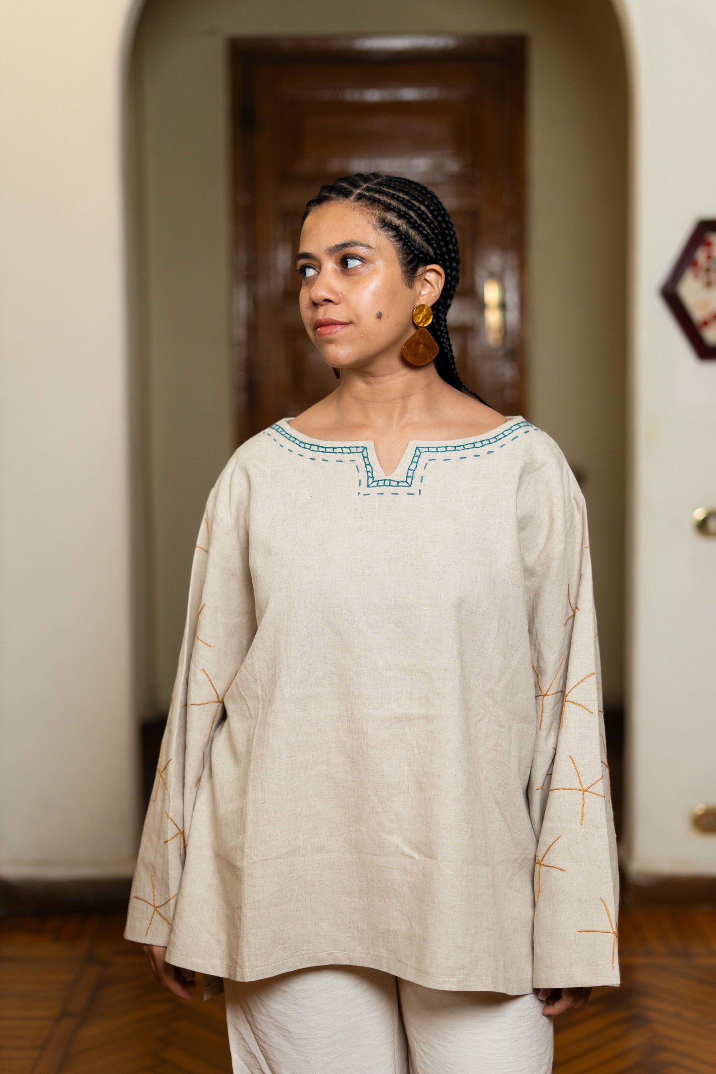 Beige Linen Blouse with Bastet & Scarab Embroidery