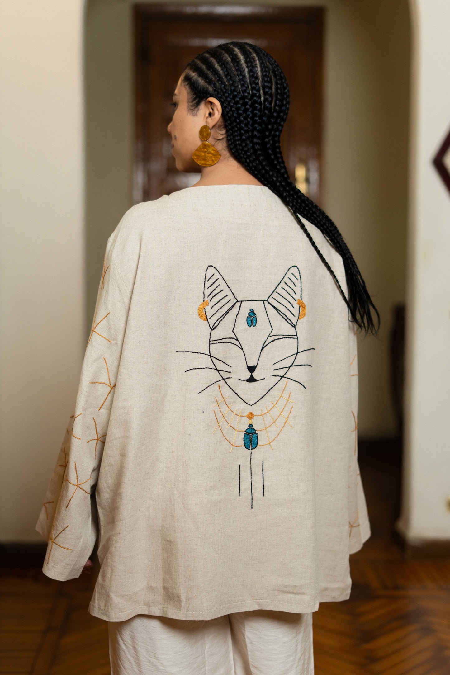 Beige Linen Blouse with Bastet & Scarab Embroidery